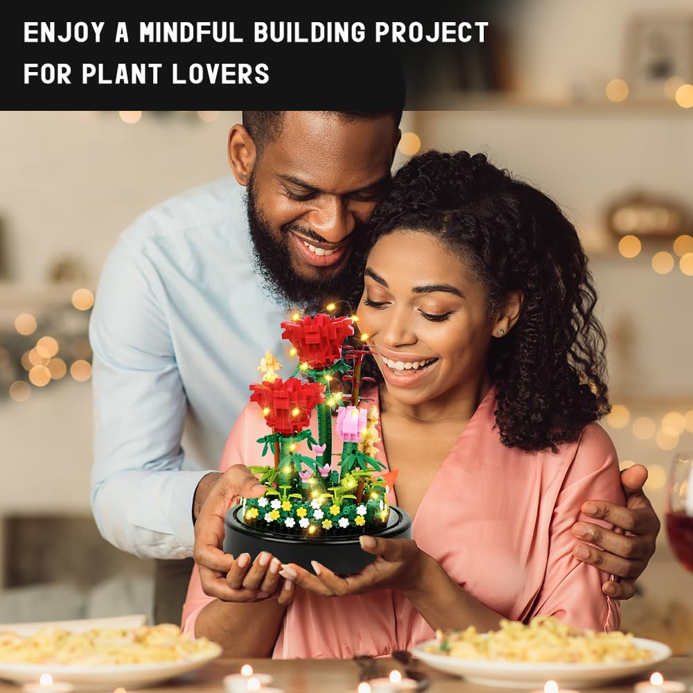 Rose Building Kit with LED Lights, 596 Mini Bricks and Display Dome