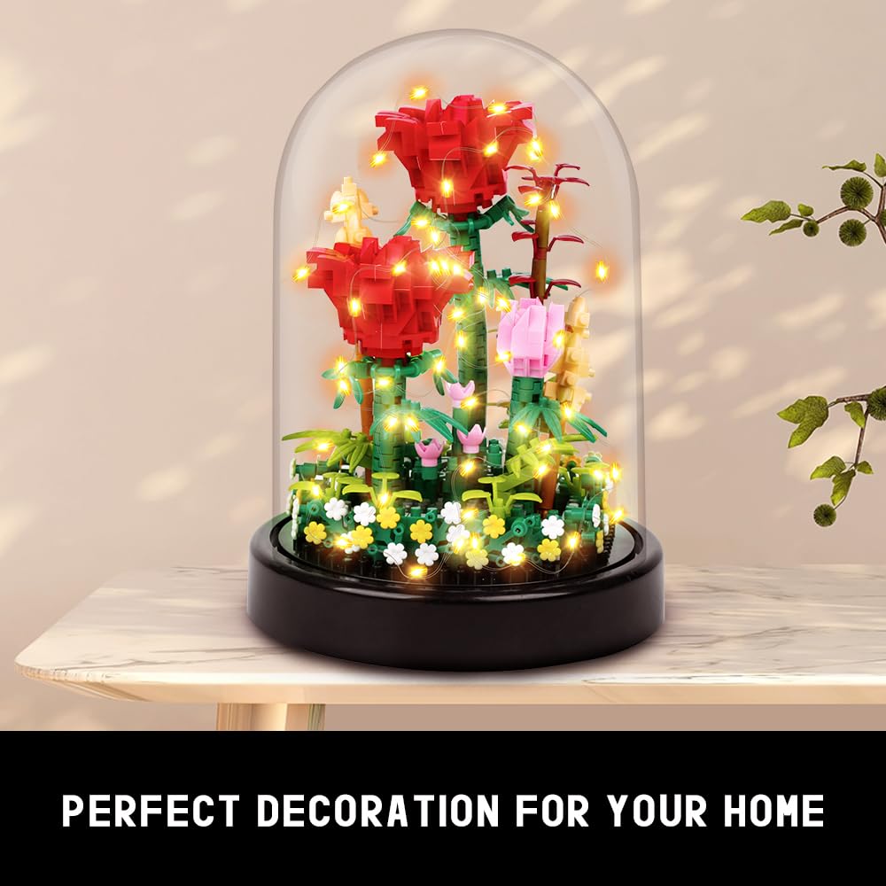 Rose Building Kit with LED Lights, 596 Mini Bricks and Display Dome