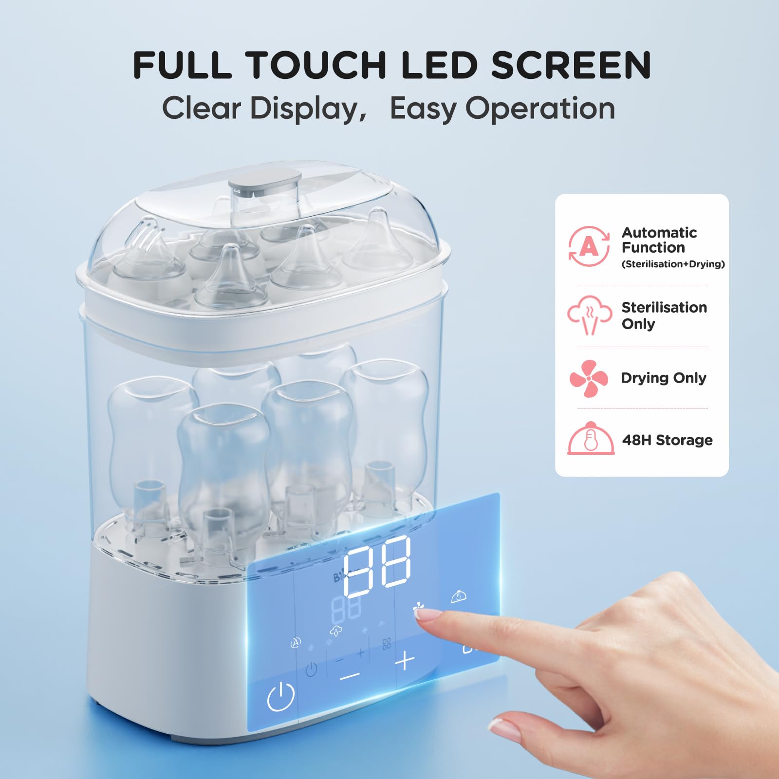 Baby Bottle Sterilizer with Drying, 48H Storage & Bottle Washer