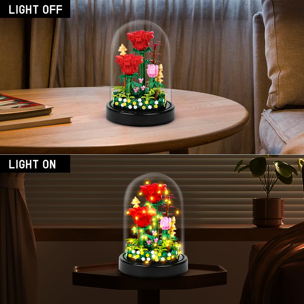 Rose Building Kit with LED Lights, 596 Mini Bricks and Display Dome