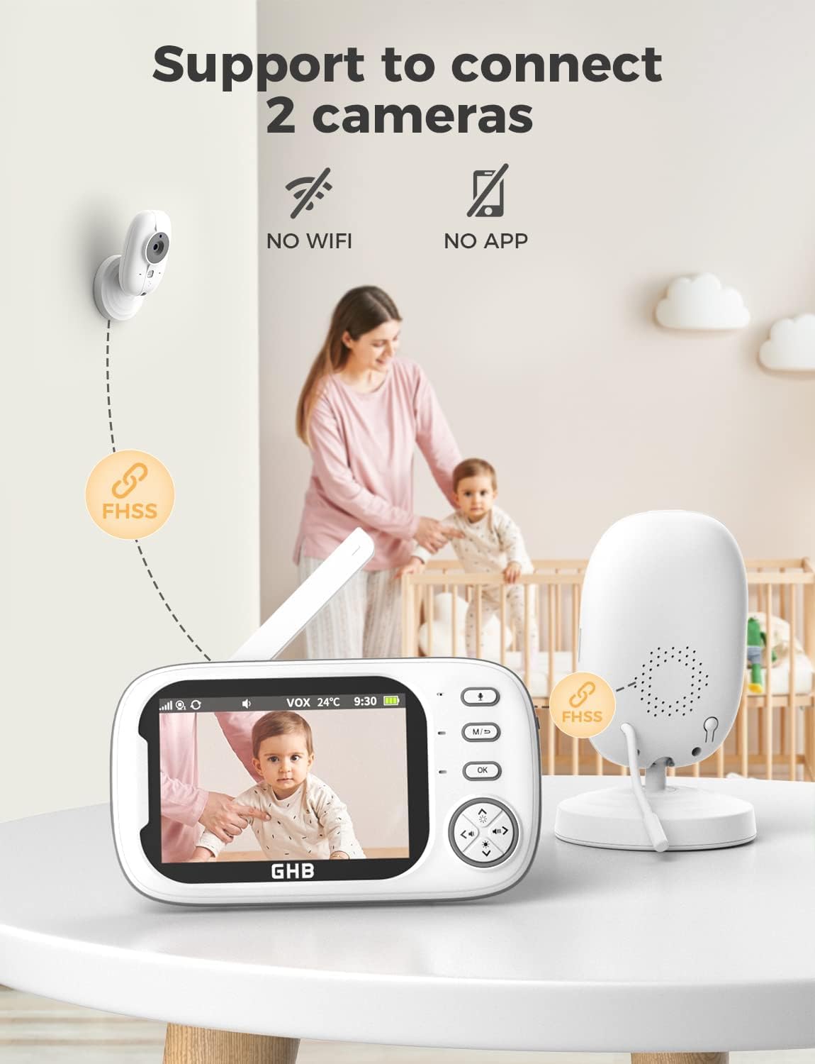 Baby Monitor with 3.5” LCD, Dual Cameras, Temperature Sensor