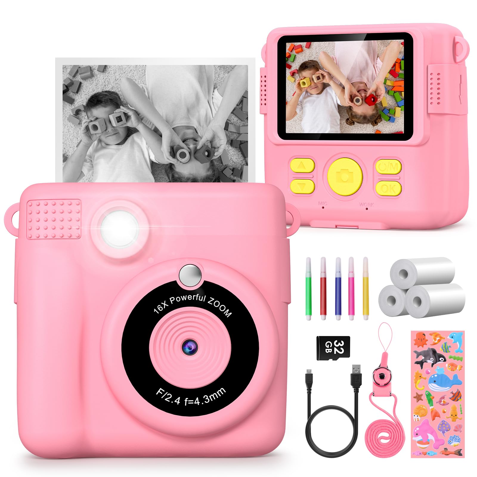 Instant Kids Camera with 2.4” Screen, 1080P, 32GB & Printing Paper