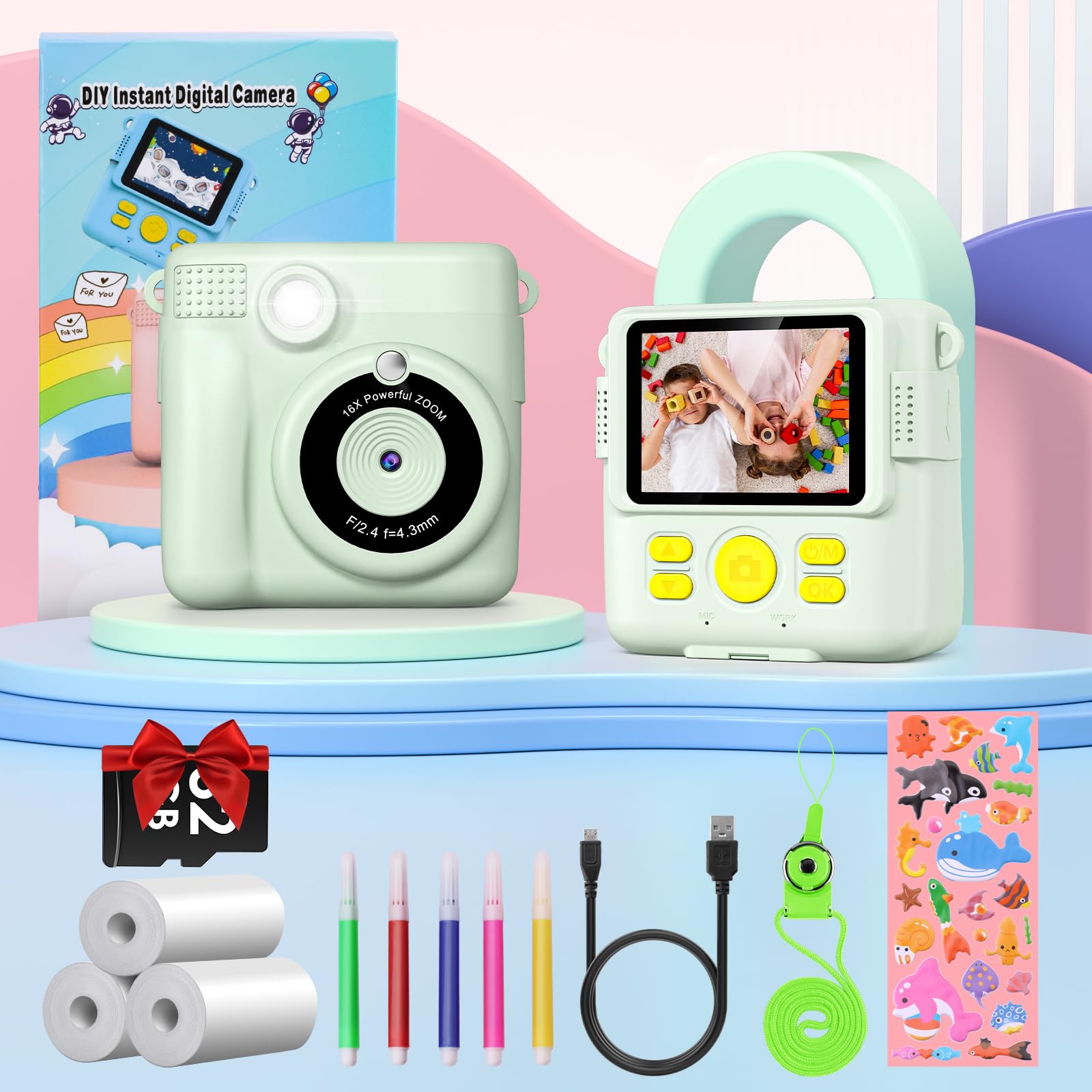 Instant Kids Camera with 2.4” Screen, 1080P, 32GB & Printing Paper