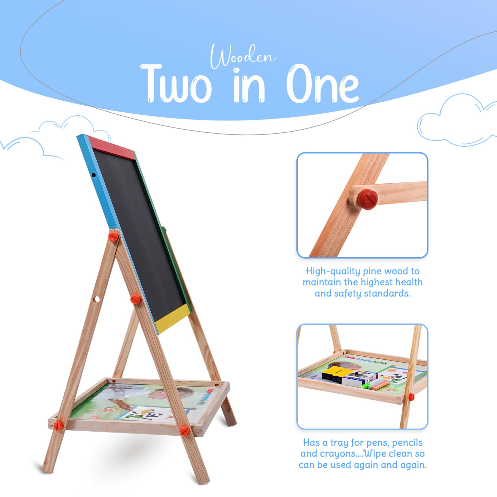 Double-Sided Wooden Kids Board with Tray, Adjustable Height