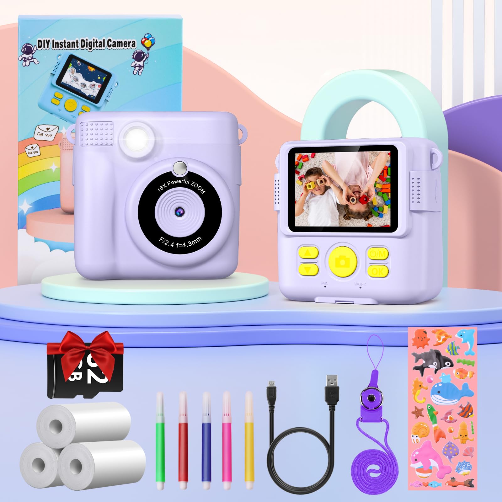 Instant Kids Camera with 2.4” Screen, 1080P, 32GB & Printing Paper