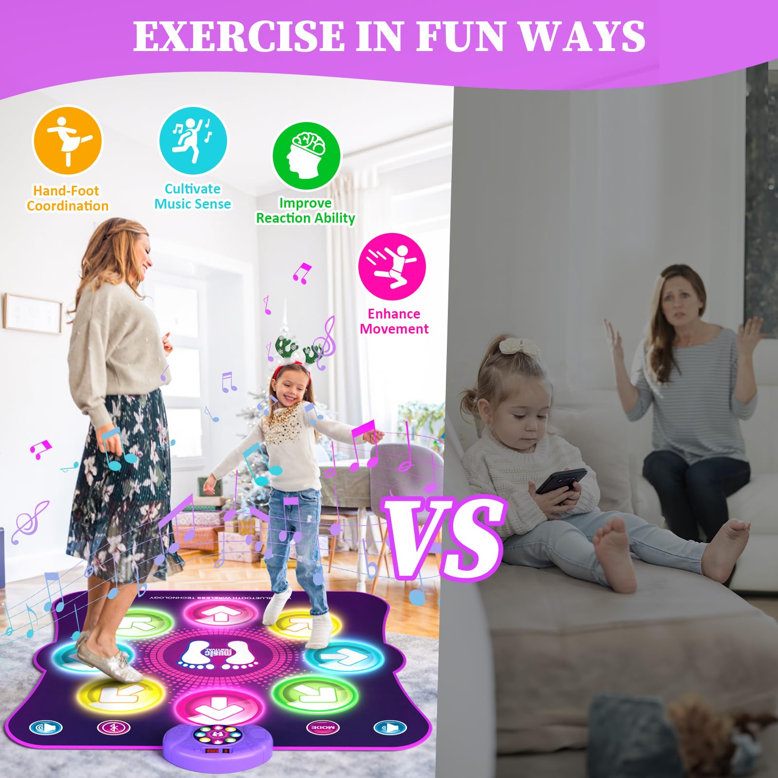 Light-Up Dance Mat for Kids, Bluetooth Music, Rechargeable Game Pad