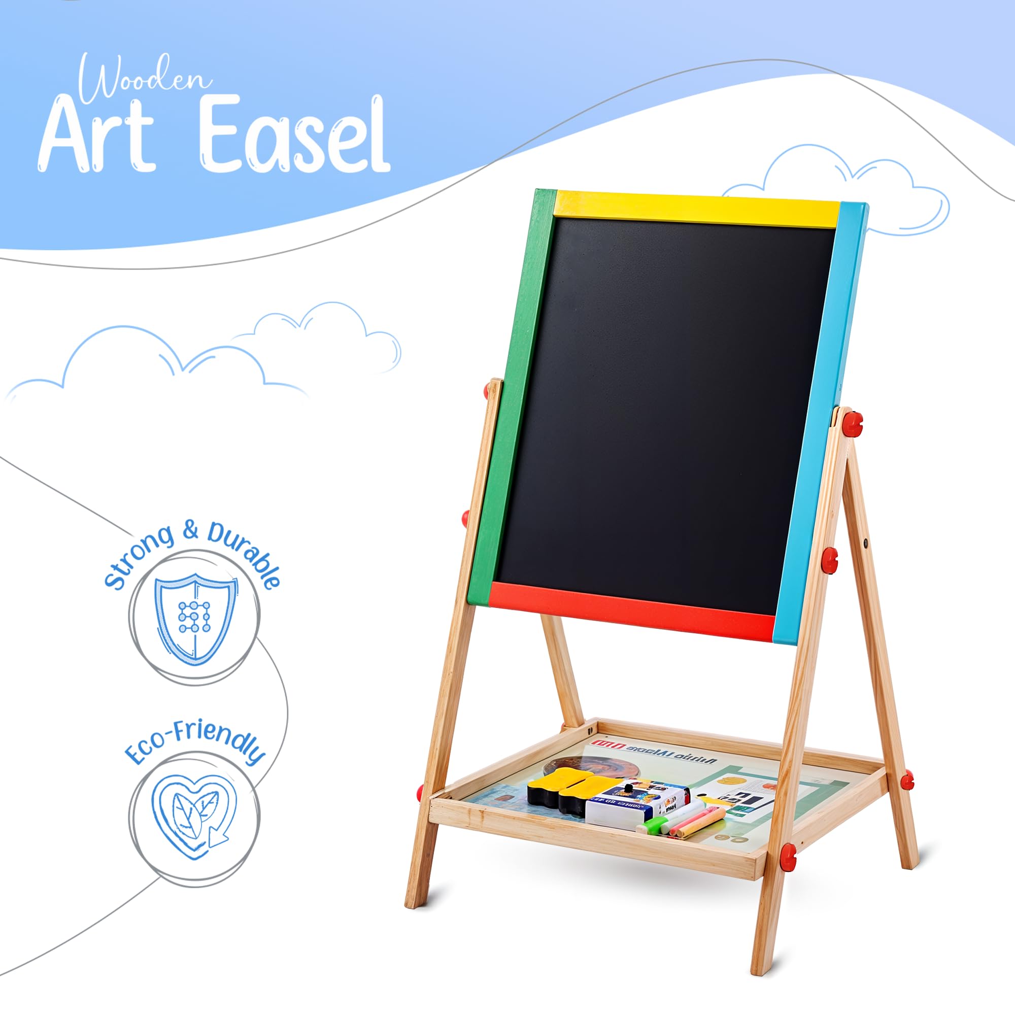 Double-Sided Wooden Kids Board with Tray, Adjustable Height