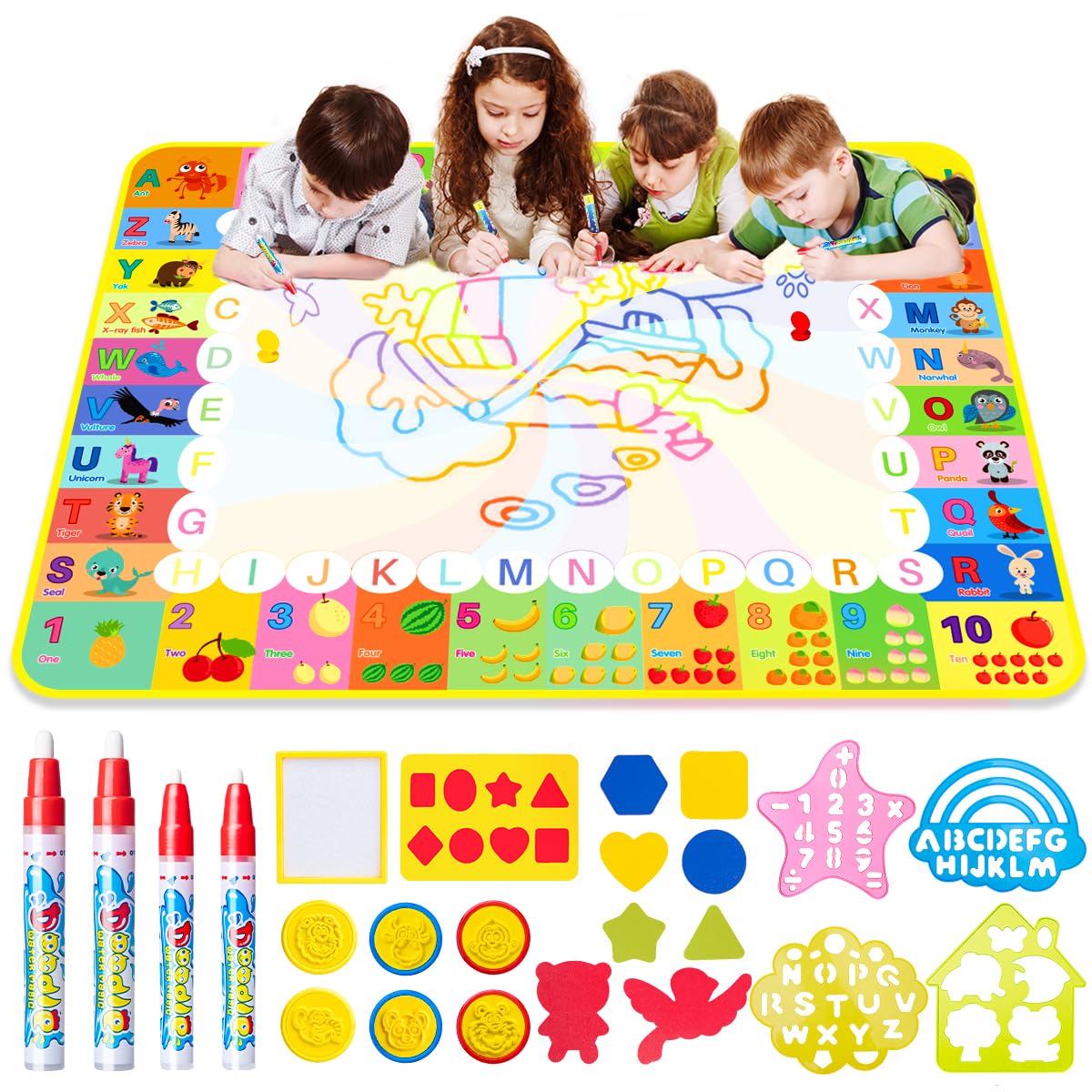Magic Water Drawing Mat 32.7x20.5in. with 20 Accessories, Stamps, Pens