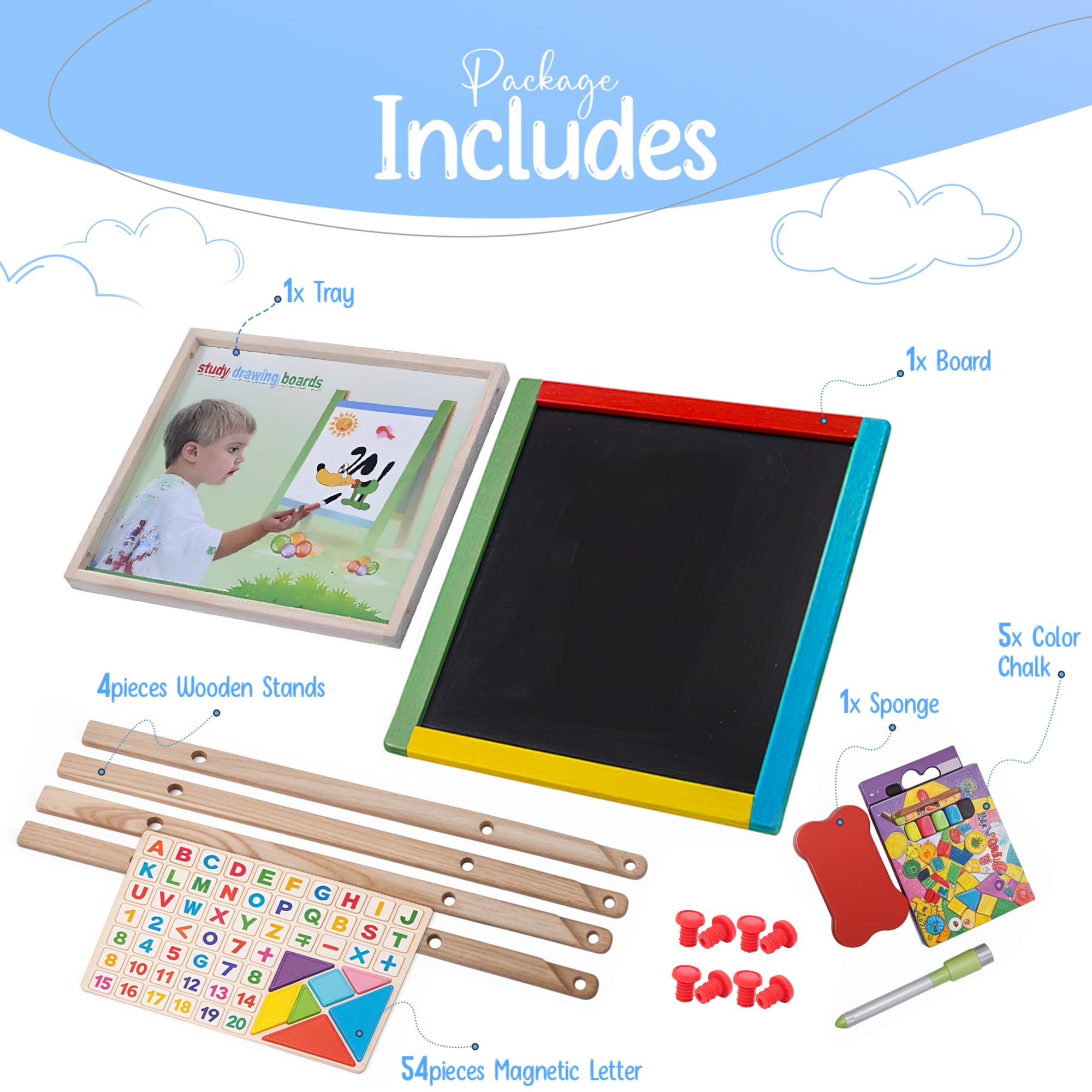 Double-Sided Wooden Kids Board with Tray, Adjustable Height