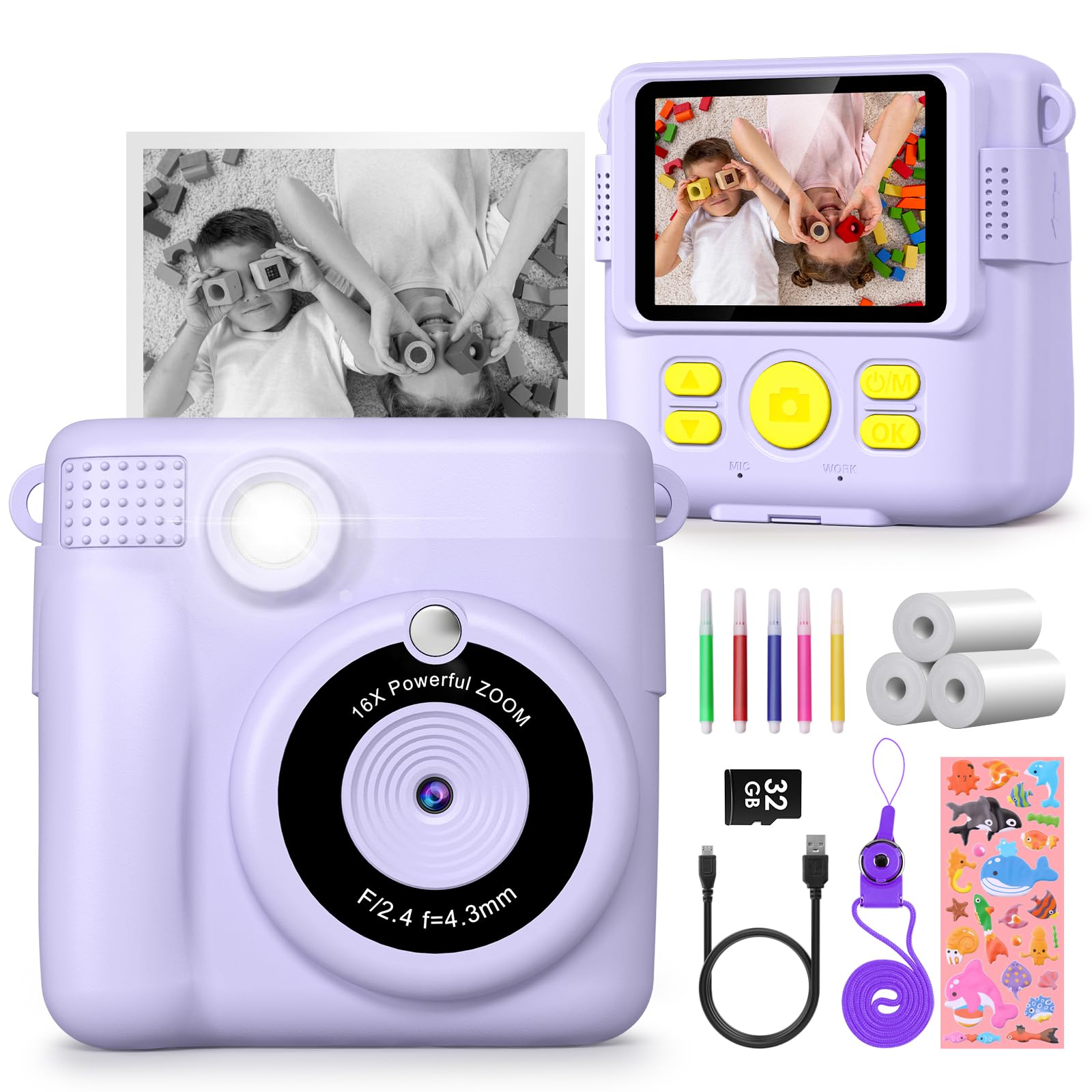 Instant Kids Camera with 2.4” Screen, 1080P, 32GB & Printing Paper