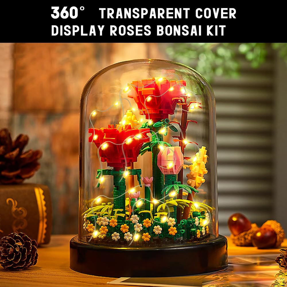Rose Building Kit with LED Lights, 596 Mini Bricks and Display Dome