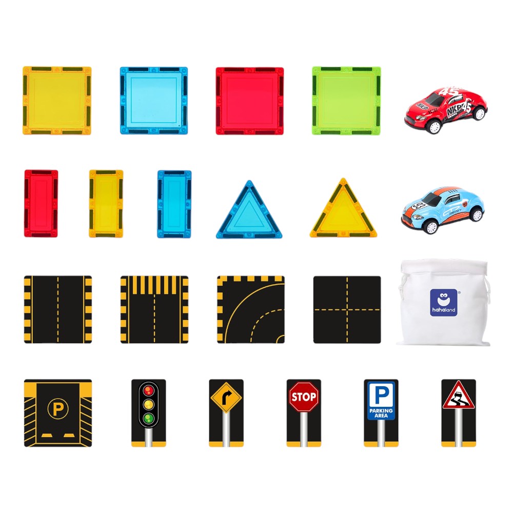 Magnetic Train & Road Tiles, Dual-Sided Expansion Pack Set for Kids