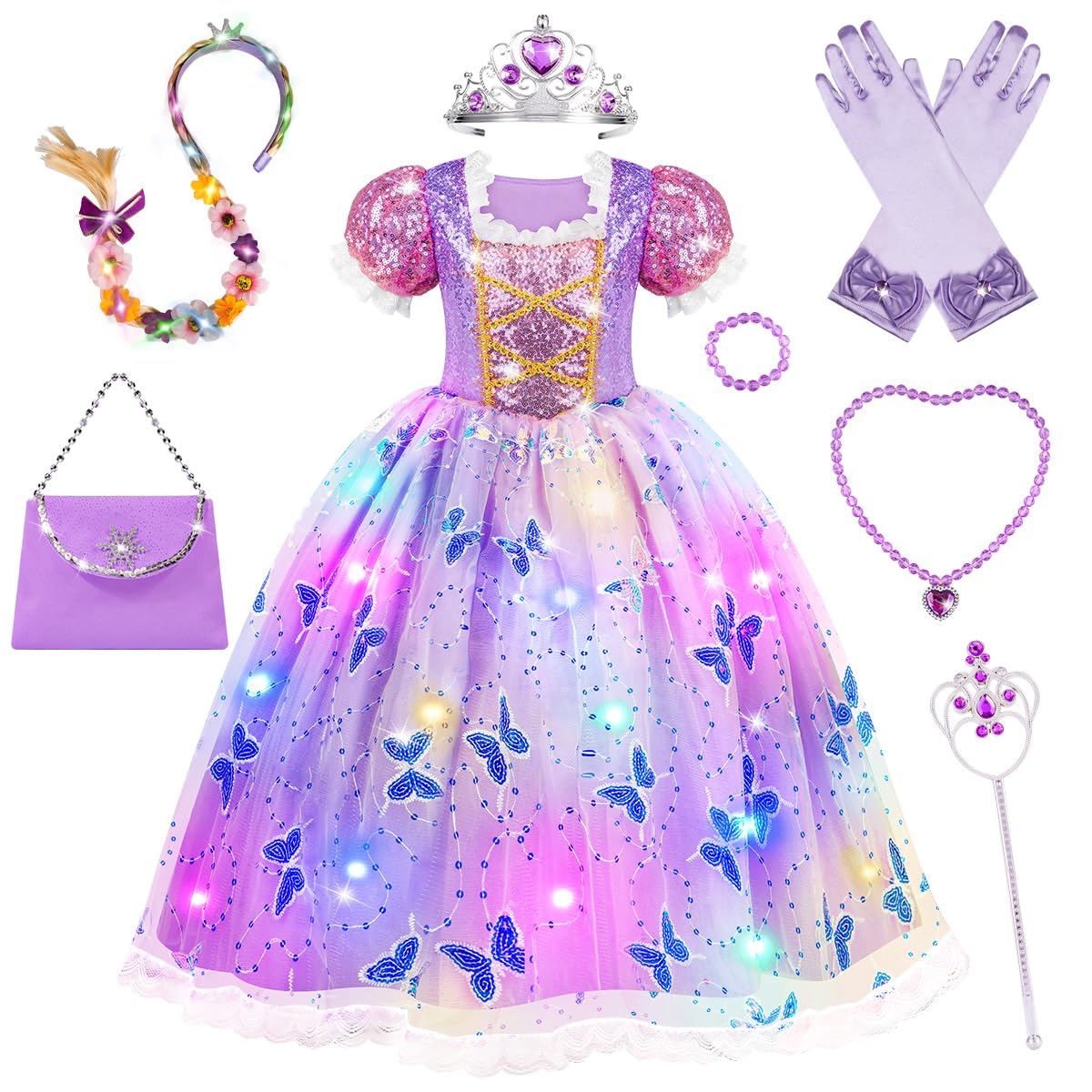 Light Up Princess Costume with Wig, Crown and Accessories for Girls