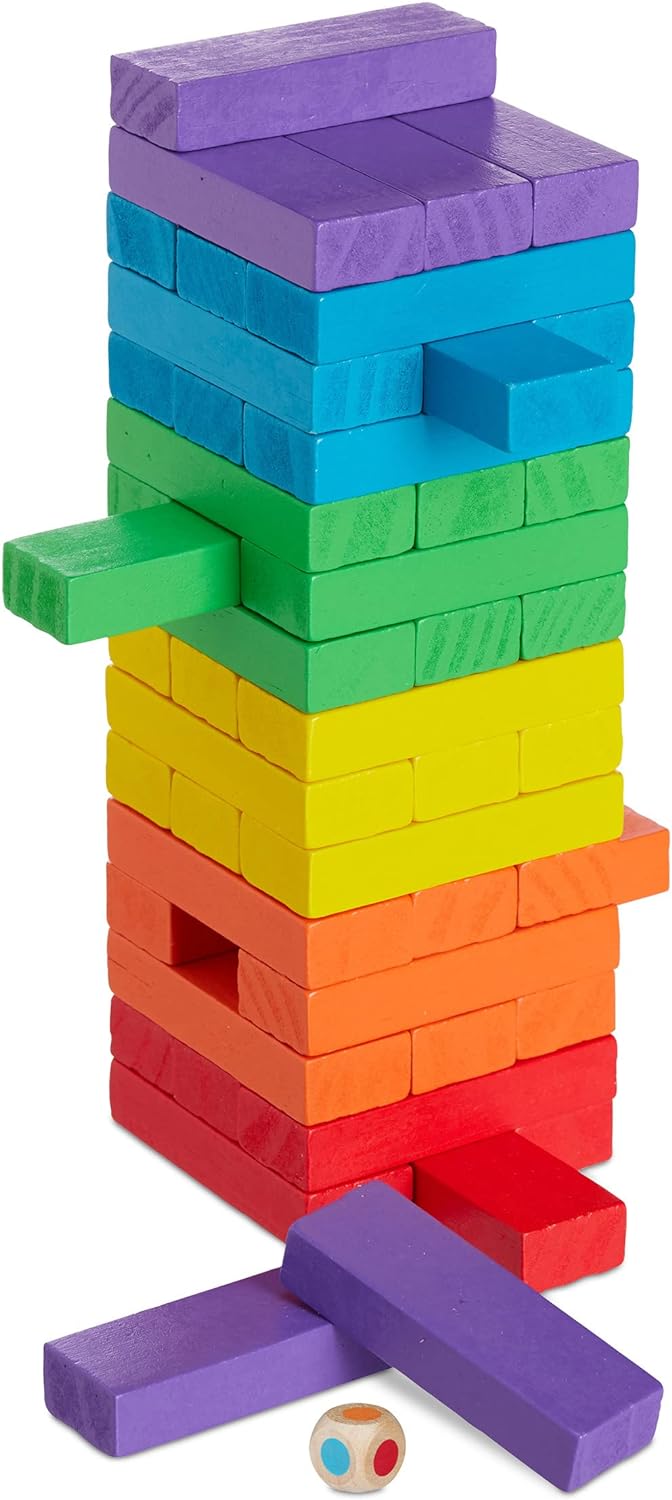 Colorful Wooden Stacking Game with Dice - 48 Blocks