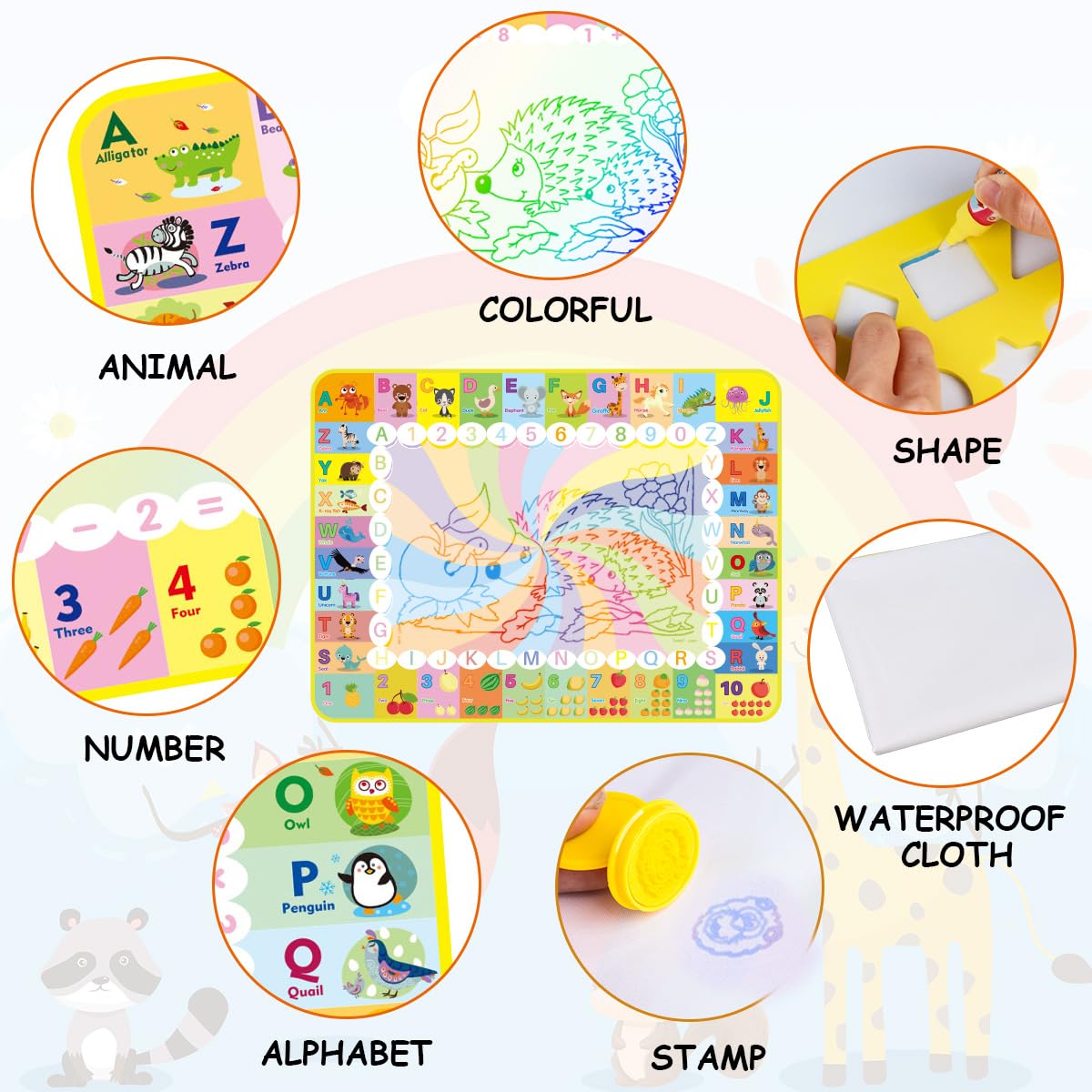 Magic Water Drawing Mat 32.7x20.5in. with 20 Accessories, Stamps, Pens