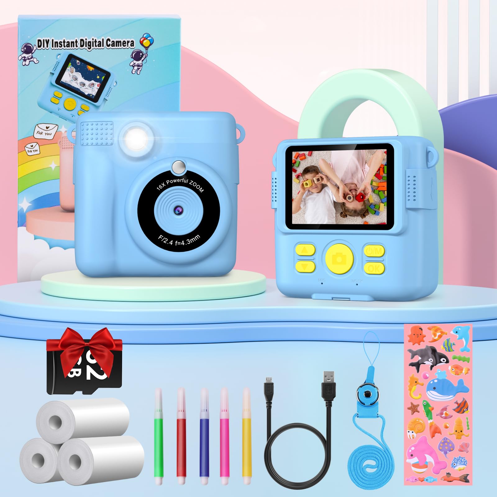 Instant Kids Camera with 2.4” Screen, 1080P, 32GB & Printing Paper