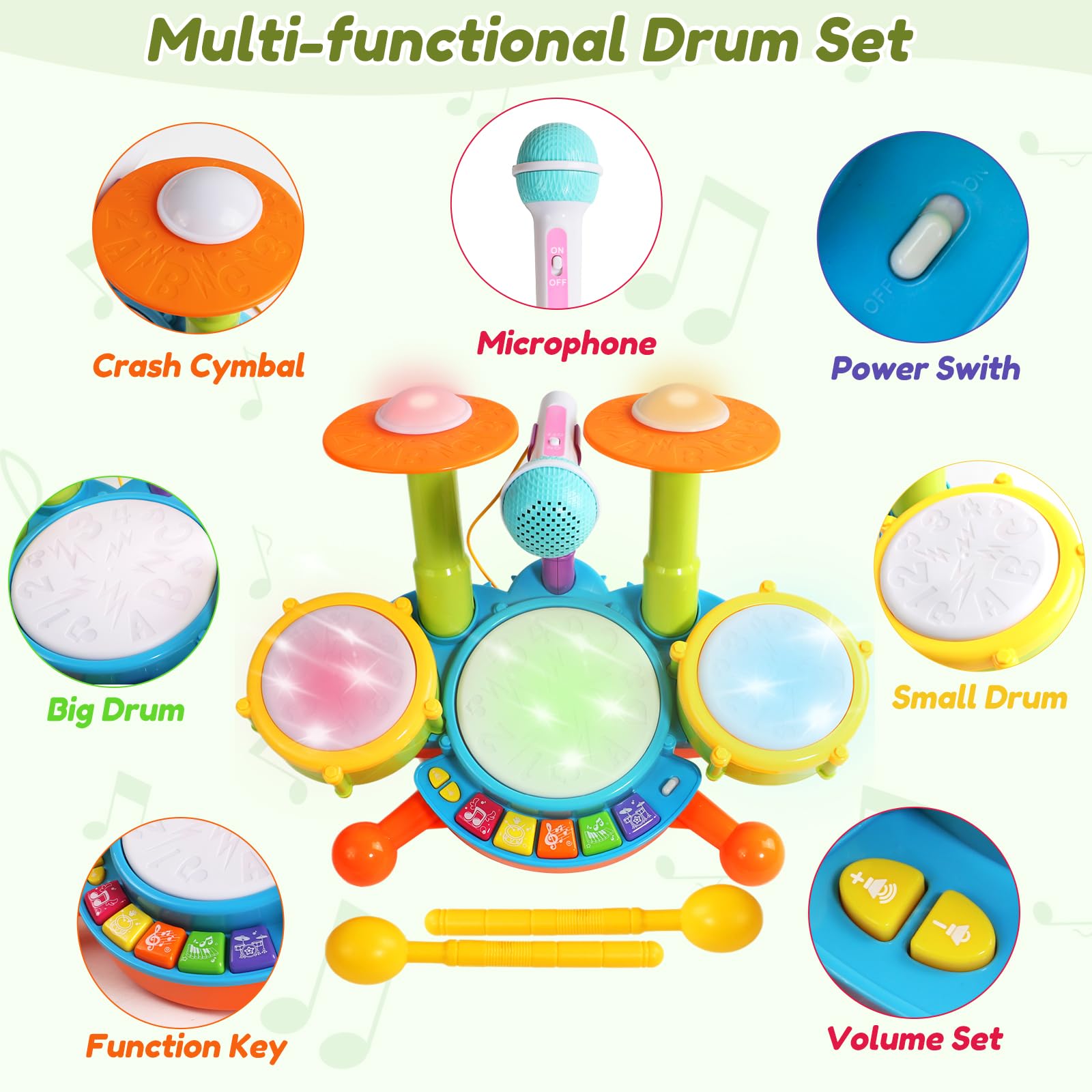 Baby Drum Set Toy 3-in-1 Musical Instrument with Lights & Sound
