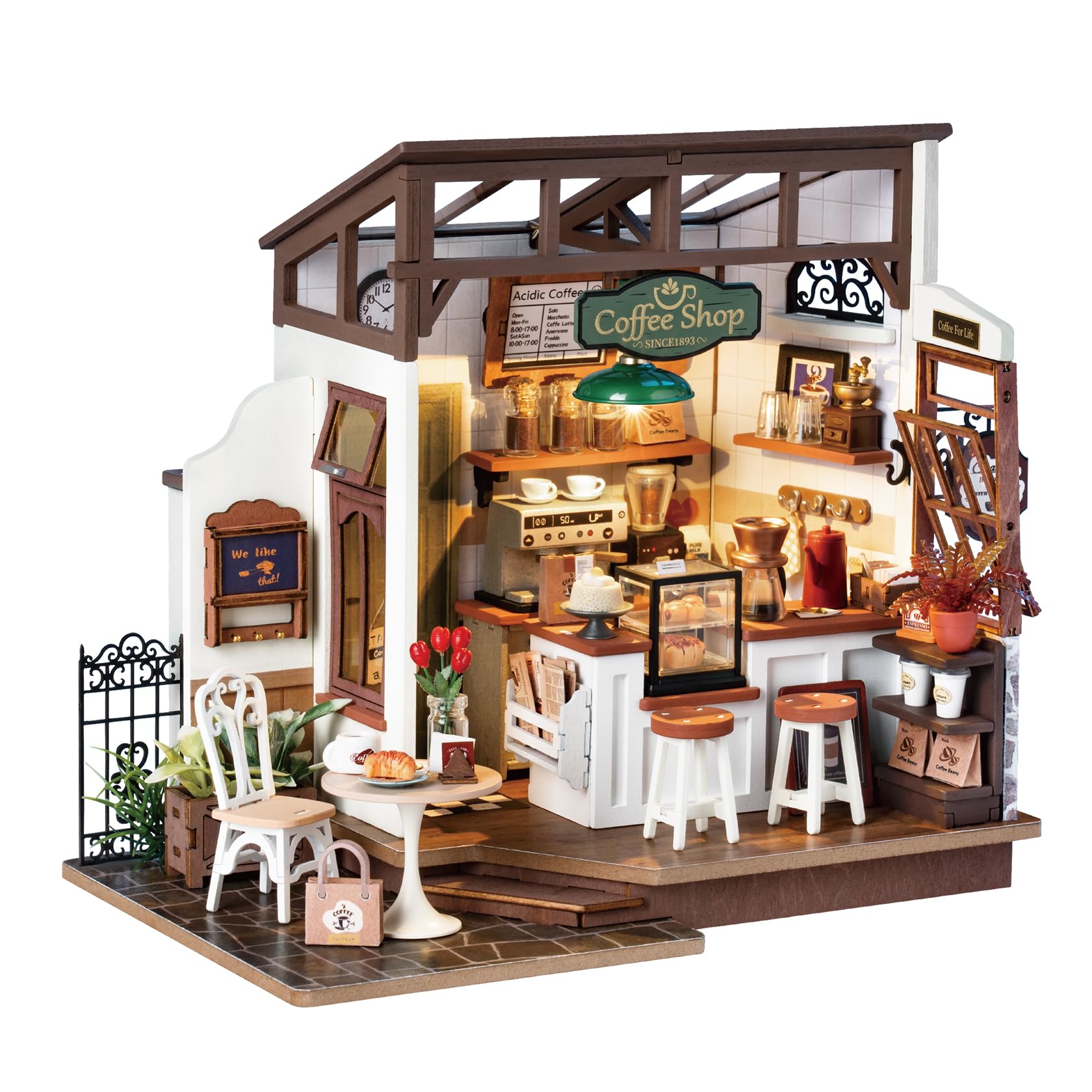 Miniature Wooden Cafe Kit with Lights, Furniture and Accessories