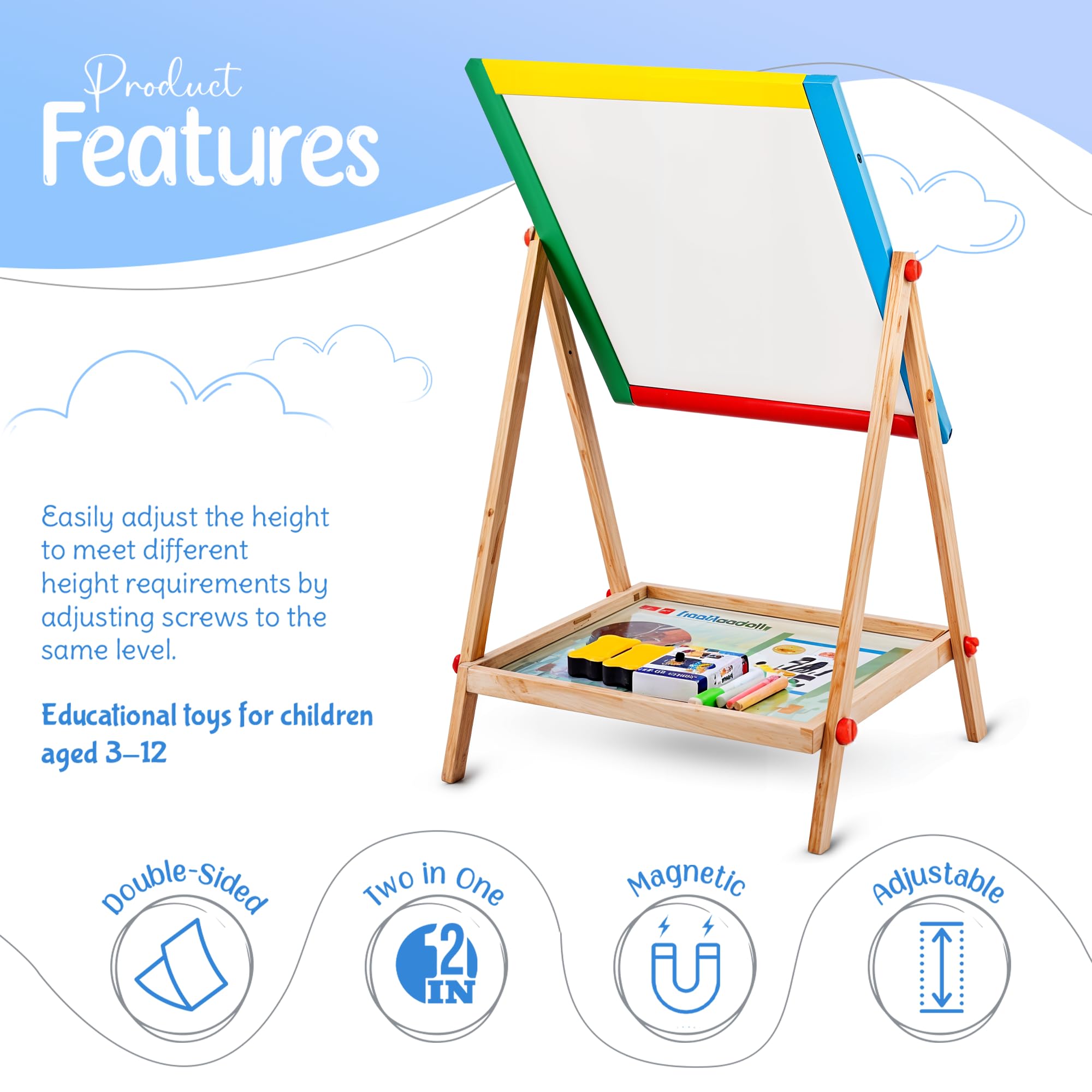 Double-Sided Wooden Kids Board with Tray, Adjustable Height
