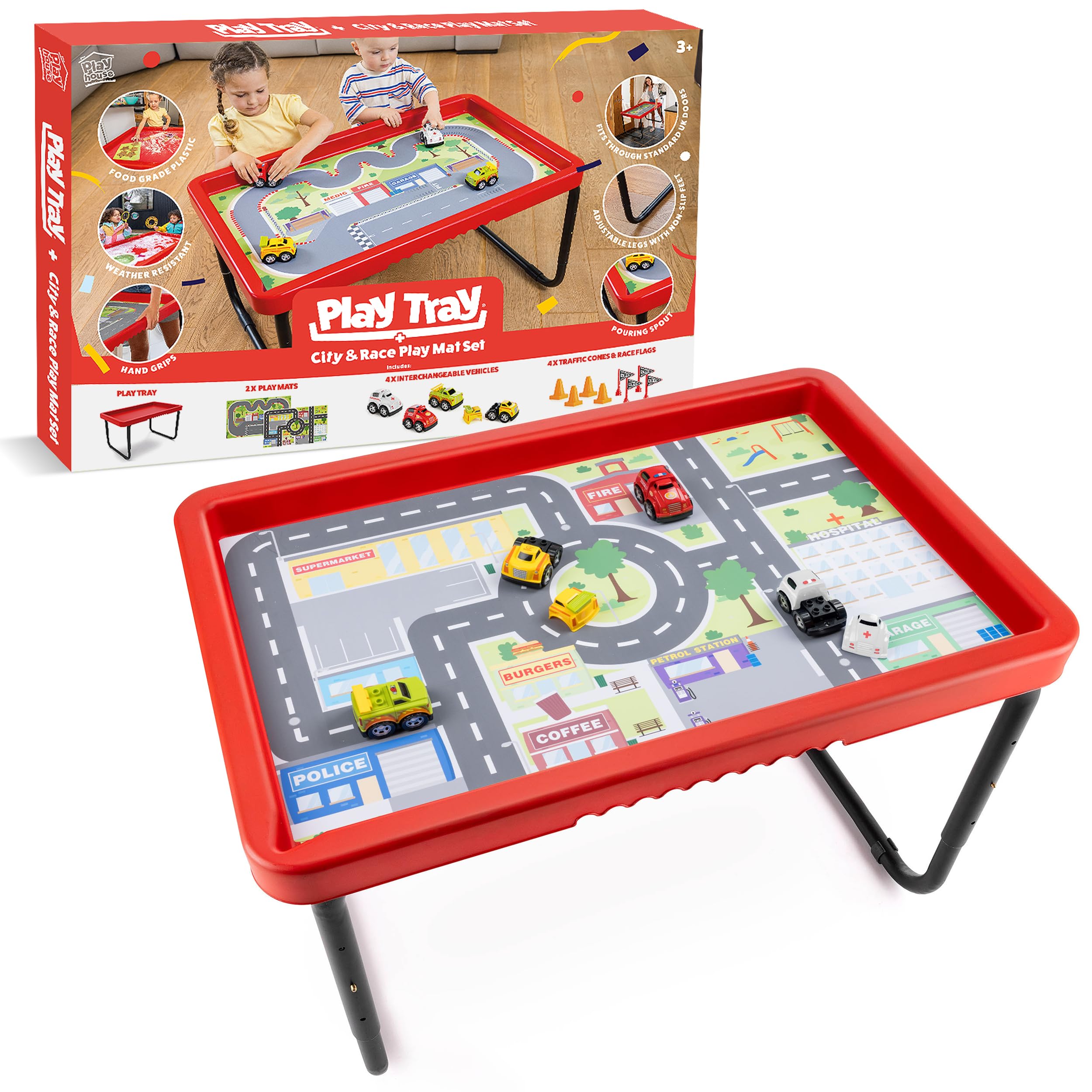 Adjustable Kids PlayTray Table with City & Race Mats and Car Toys Set