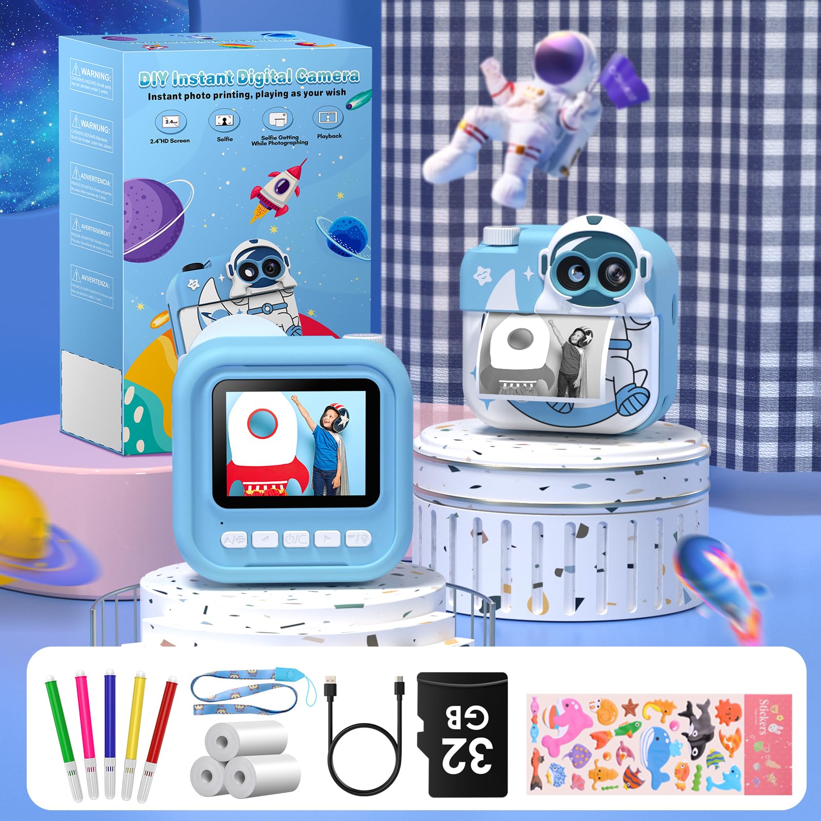 Instant Kids Camera with 2.4” Screen, 1080P, 32GB & Printing Paper