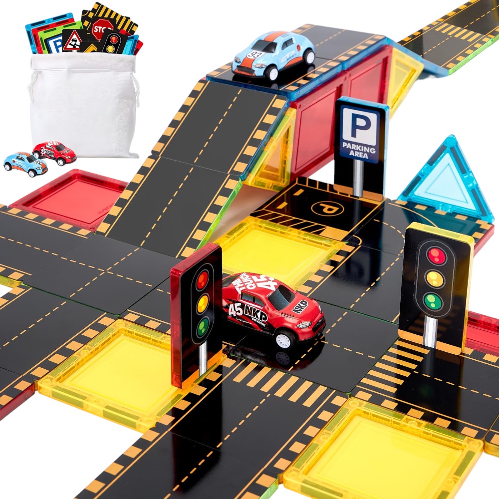 Magnetic Train & Road Tiles, Dual-Sided Expansion Pack Set for Kids