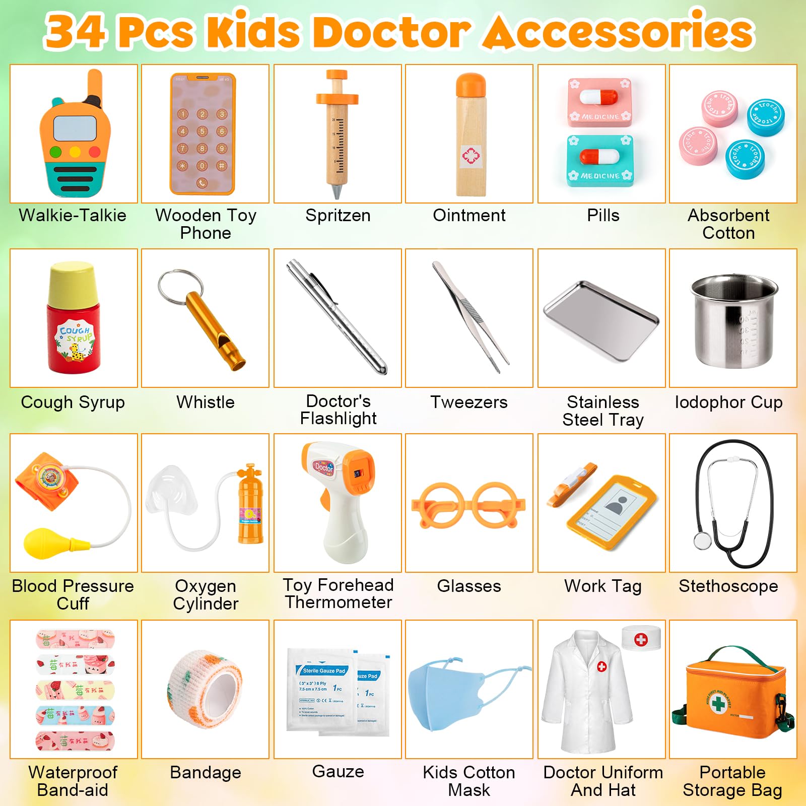 34-Piece Doctor Kit with Real Stethoscope and Storage Bag for Kids