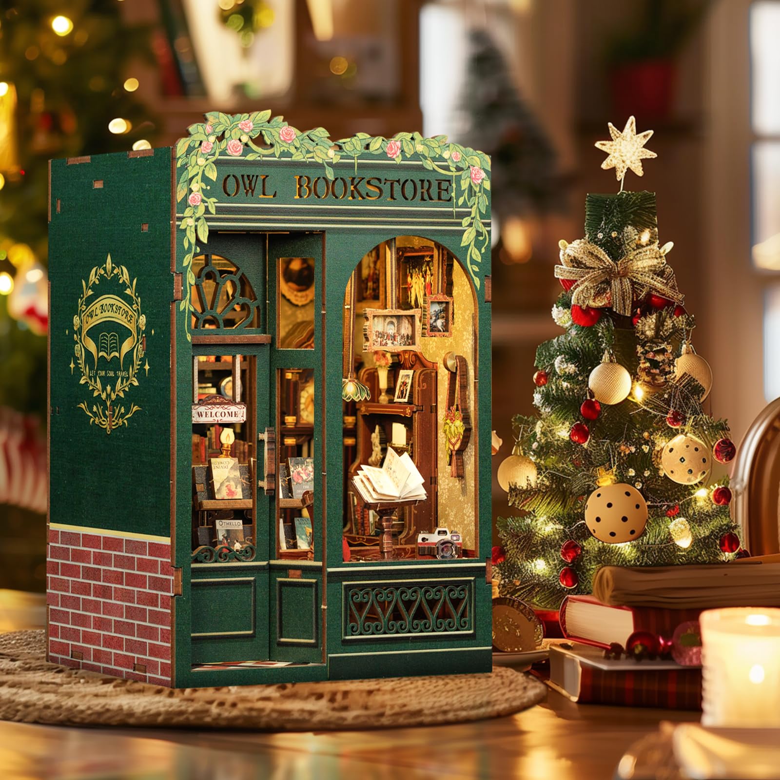 DIY Book Nook Kit with LED, Wooden Miniature Bookstore Craft Set