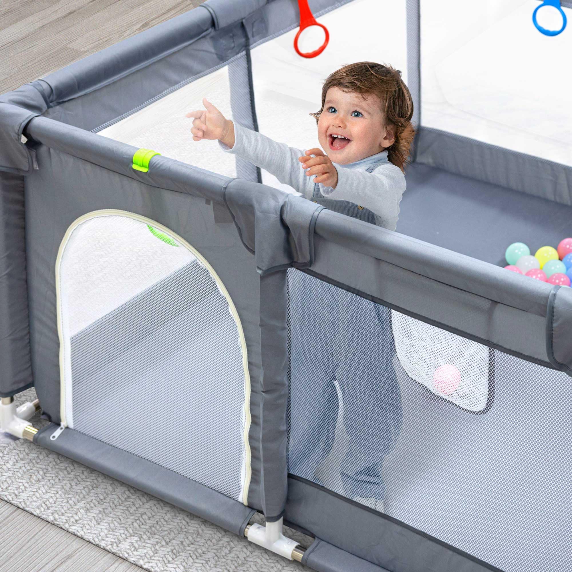 Baby Playpen with Padded Frame, Mesh Walls, Balls & Pull Rings
