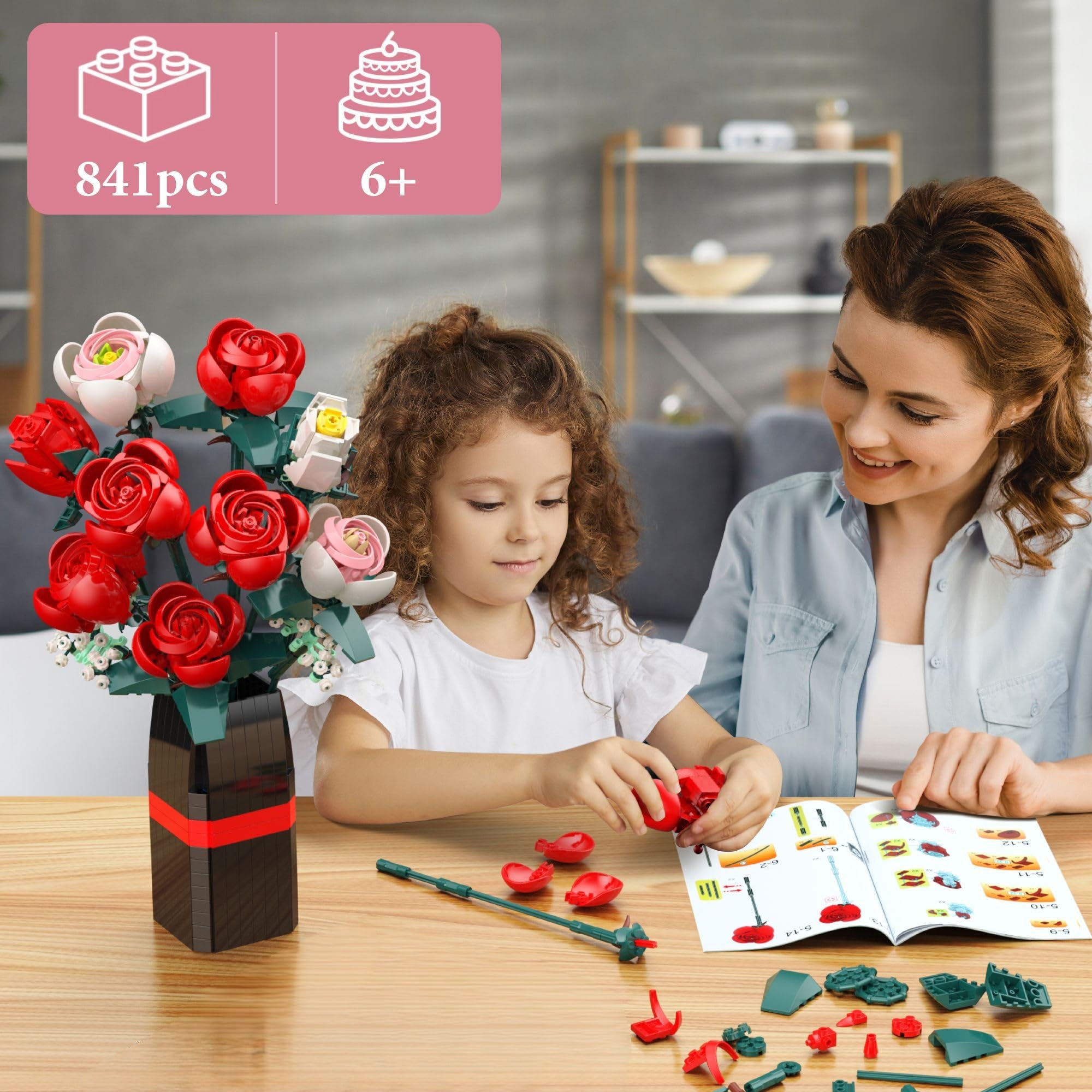 Rose Bouquet Building Kit, 841 PCS DIY Floral Display with Vase