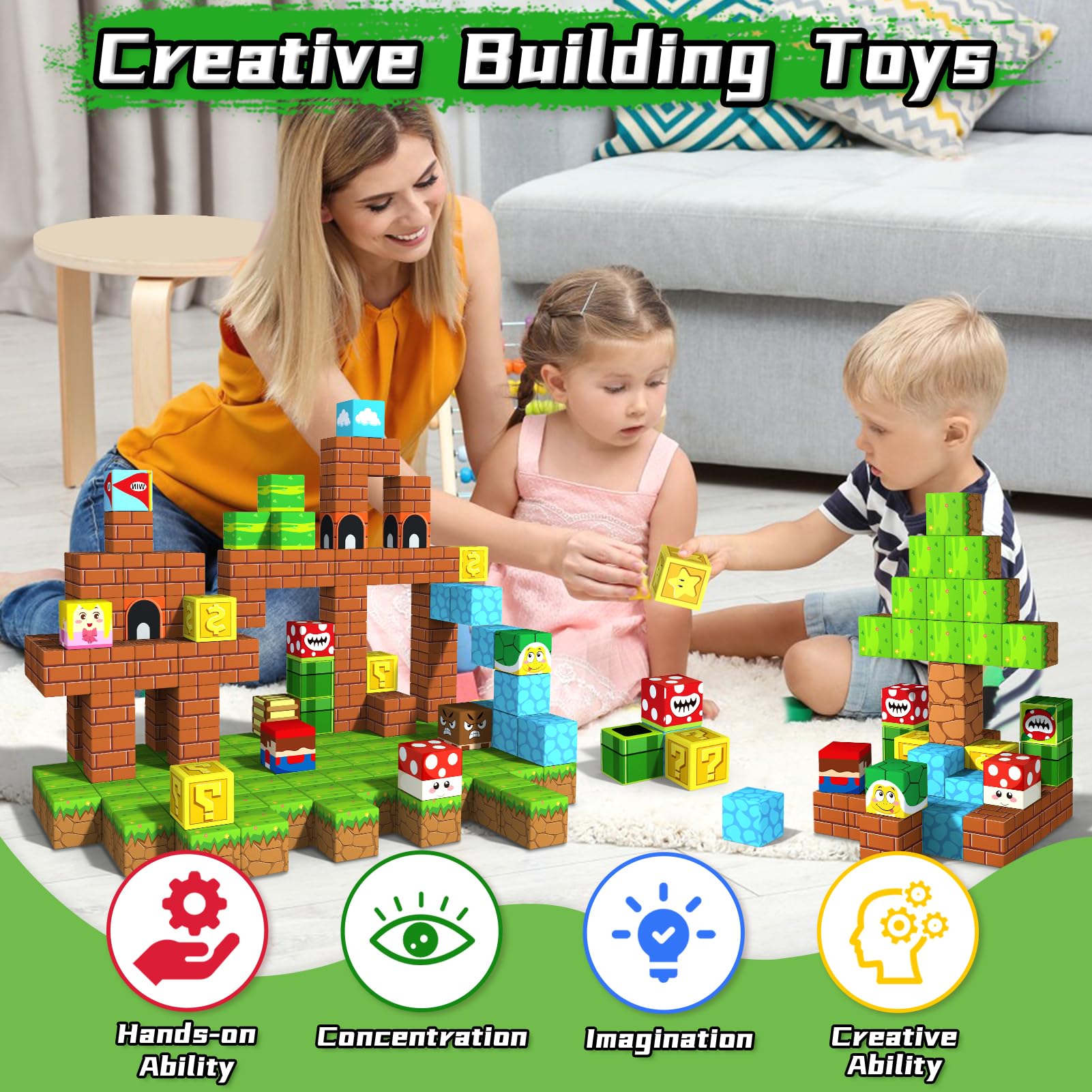 54 Magnetic Cubes with Game Pieces, STEM Building Toy for Kids 3+
