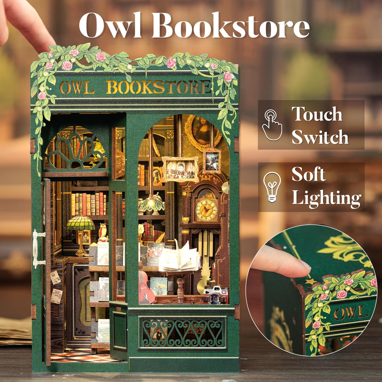 DIY Book Nook Kit with LED, Wooden Miniature Bookstore Craft Set