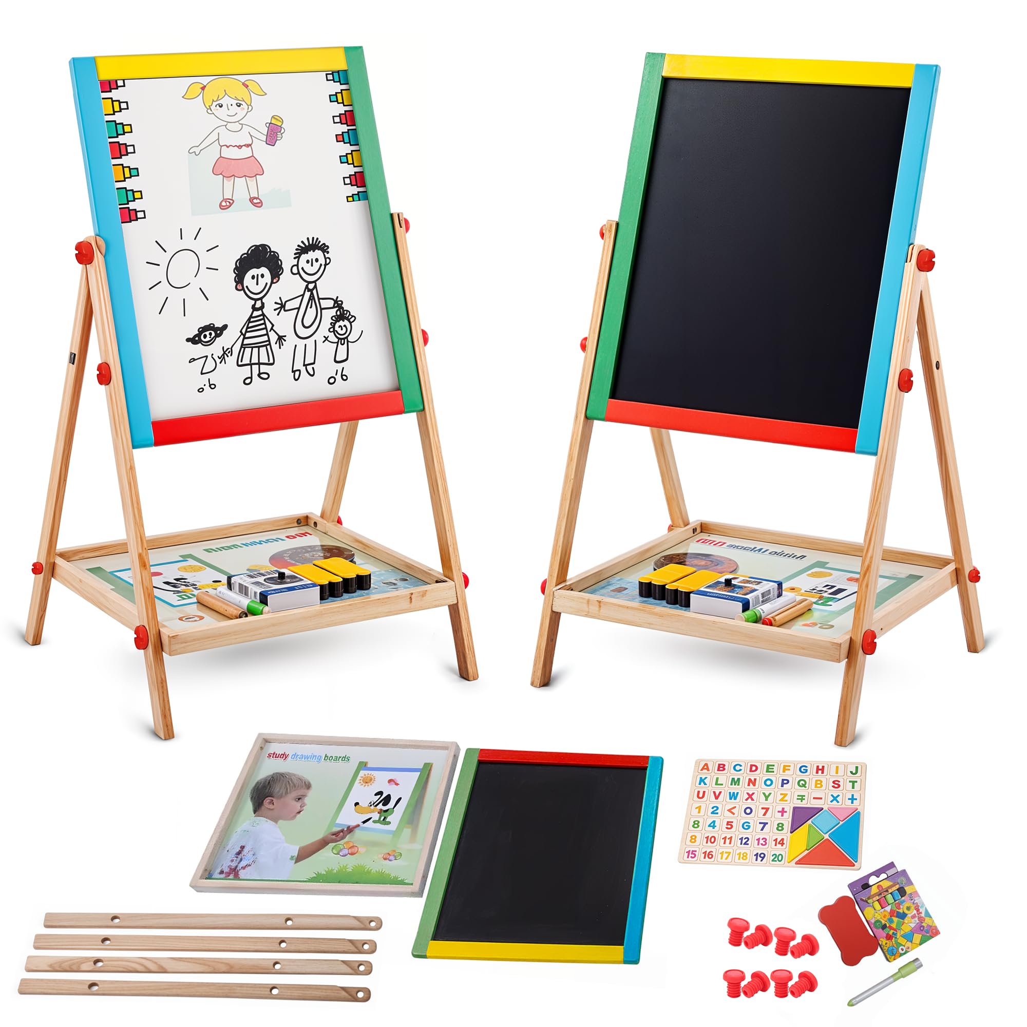 Double-Sided Wooden Kids Board with Tray, Adjustable Height