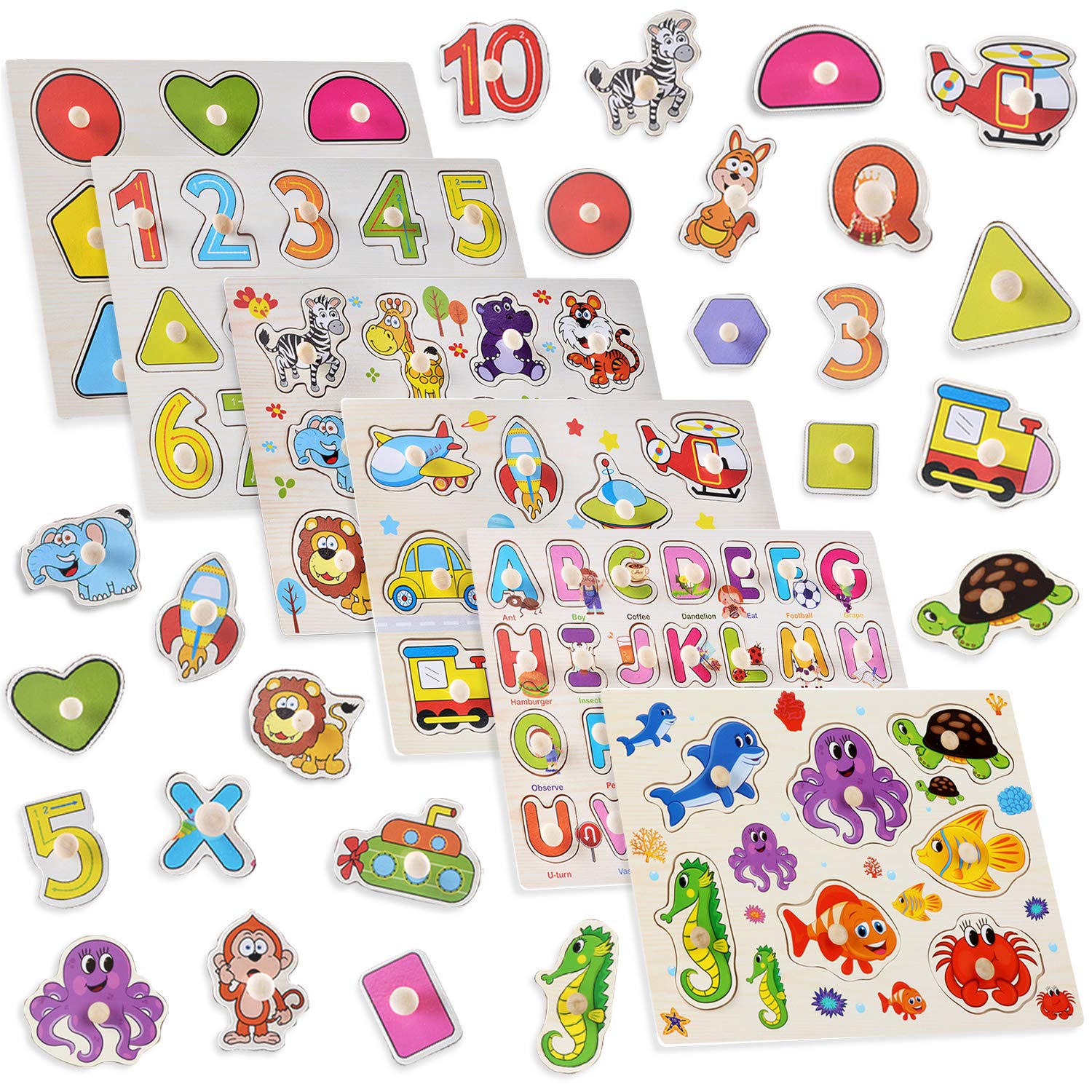 6-Pack Wooden Peg Puzzles Letters, Numbers, Shapes & Animals