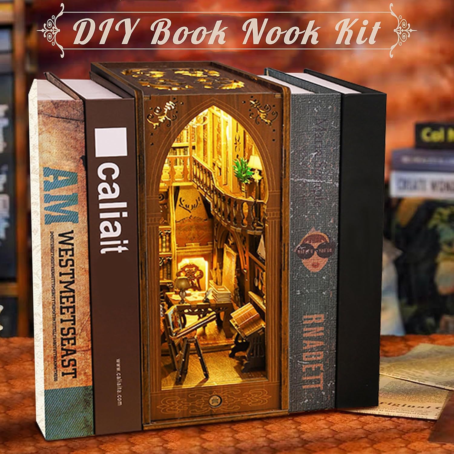 Book Nook Miniature Library Kit with Sensor Light, DIY for Bookshelf