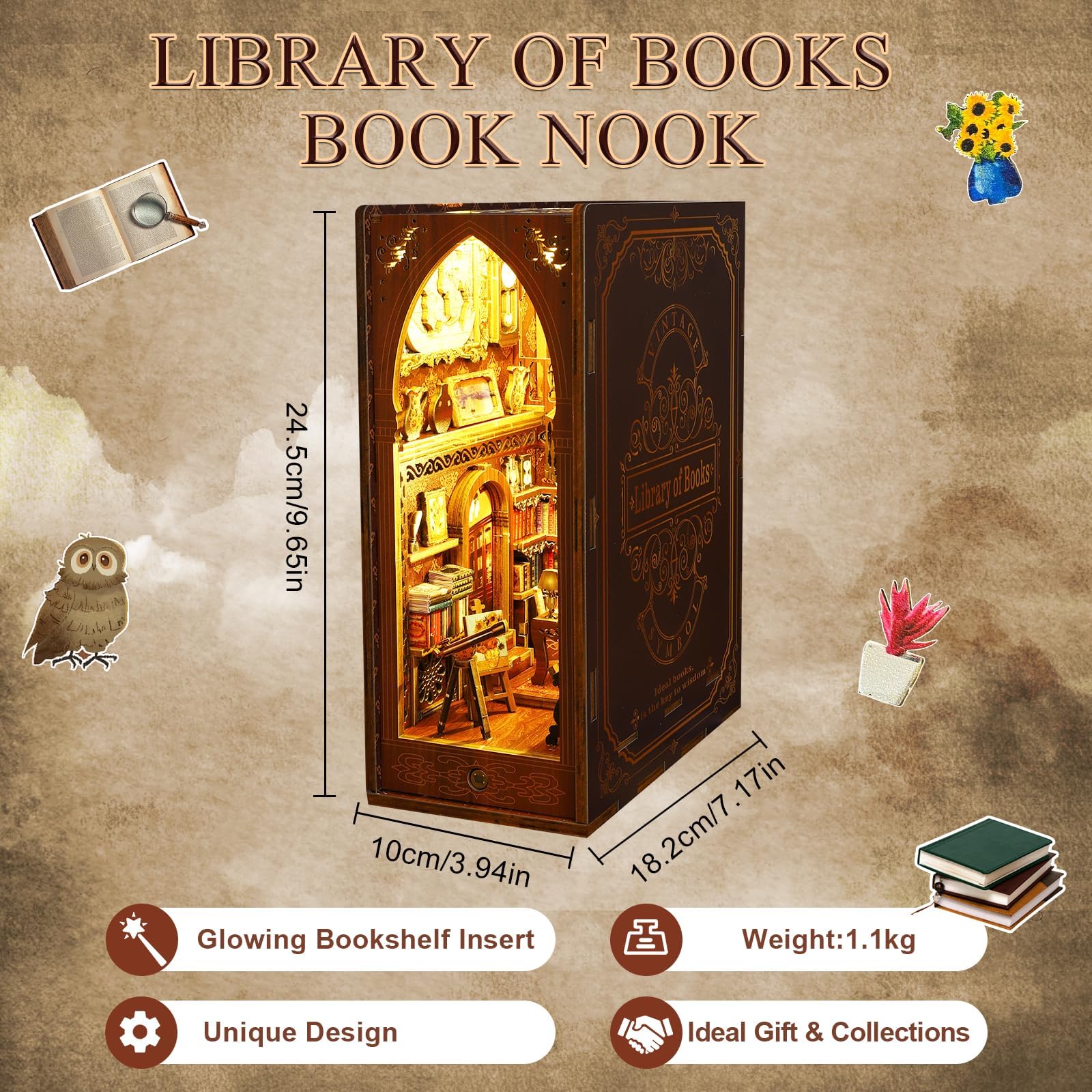 Book Nook Miniature Library Kit with Sensor Light, DIY for Bookshelf