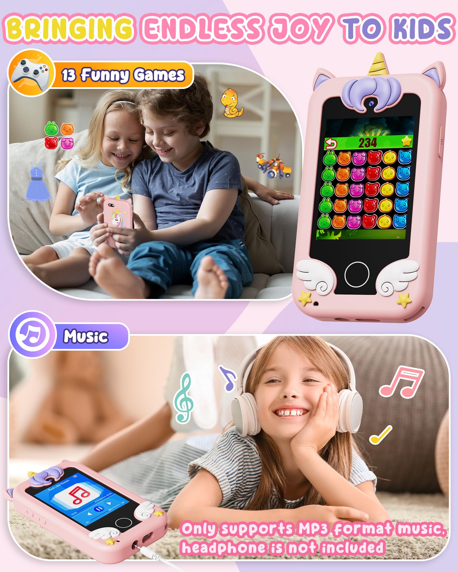 Kids Smart Phone Toy, Dual Camera & MP3 Player, Toddler Learning Games