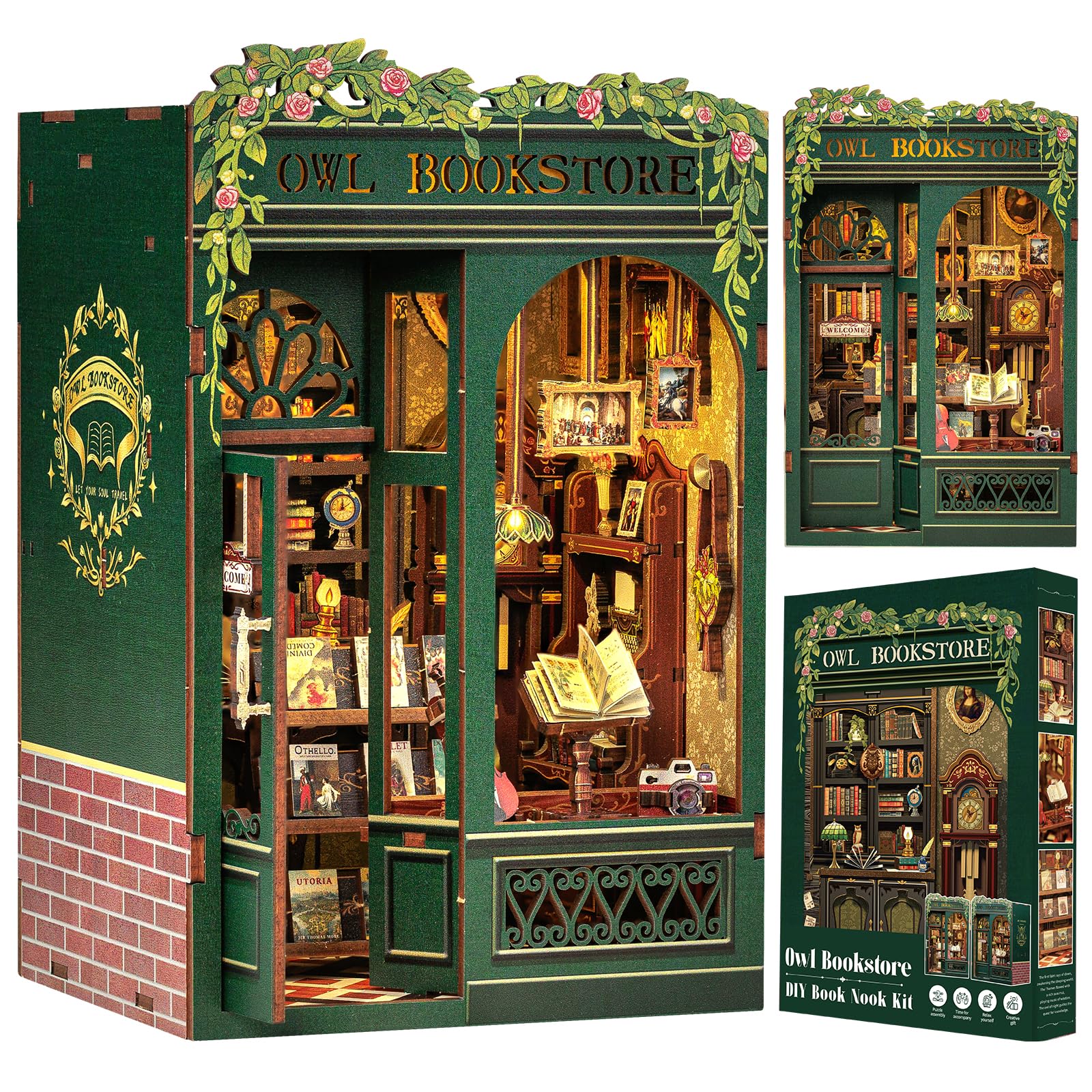 DIY Book Nook Kit with LED, Wooden Miniature Bookstore Craft Set