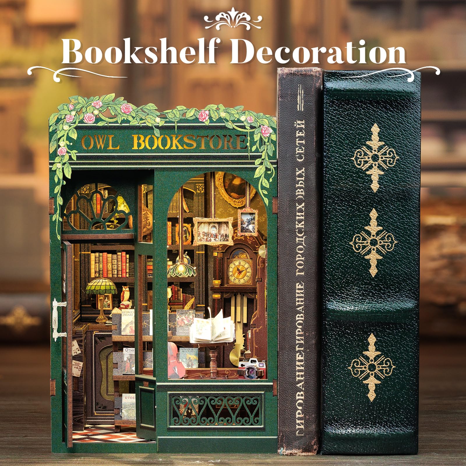 DIY Book Nook Kit with LED, Wooden Miniature Bookstore Craft Set
