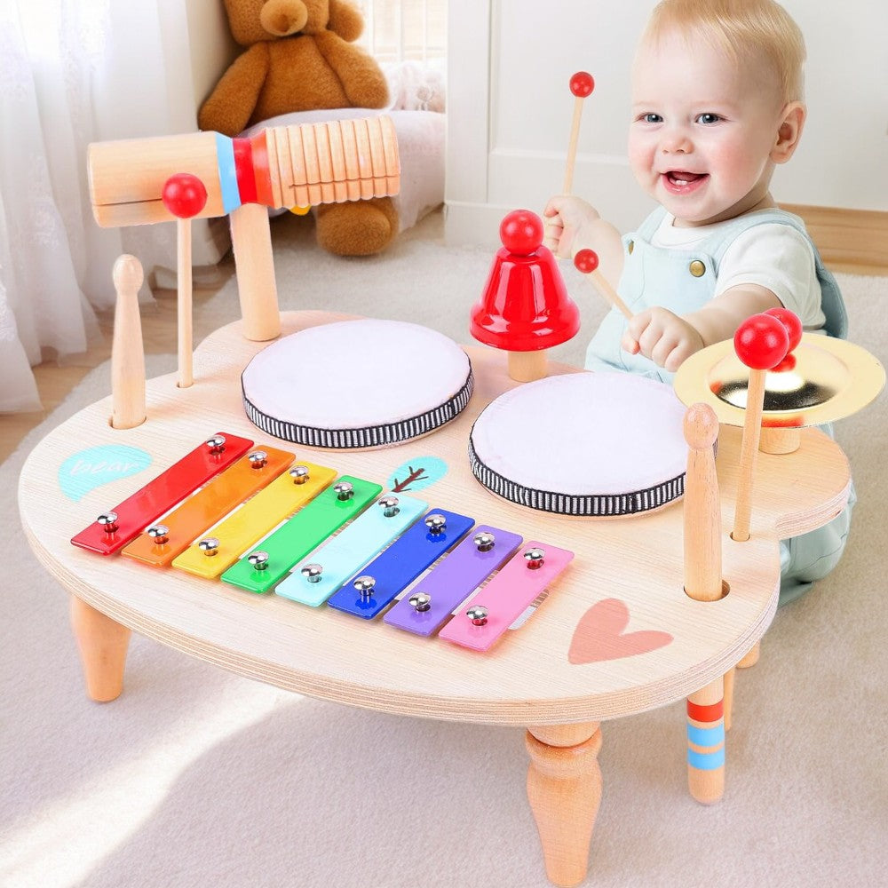 Toddler Drum & Xylophone Set 10-in-1 Wooden Percussion Kit for Kids