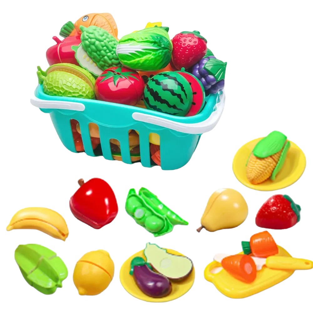 Kids Kitchen Playset - Fruit & Veggie Cutting Toy with Basket
