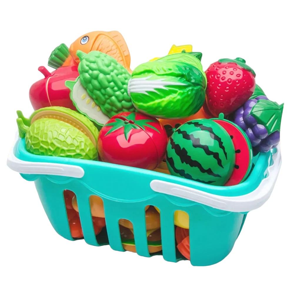 Kids Kitchen Playset - Fruit & Veggie Cutting Toy with Basket