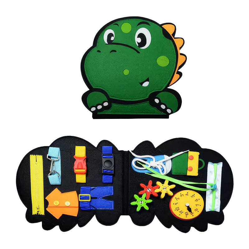 Dinosaur-Themed Sensory Busy Board with Gears, Zippers & Buttons