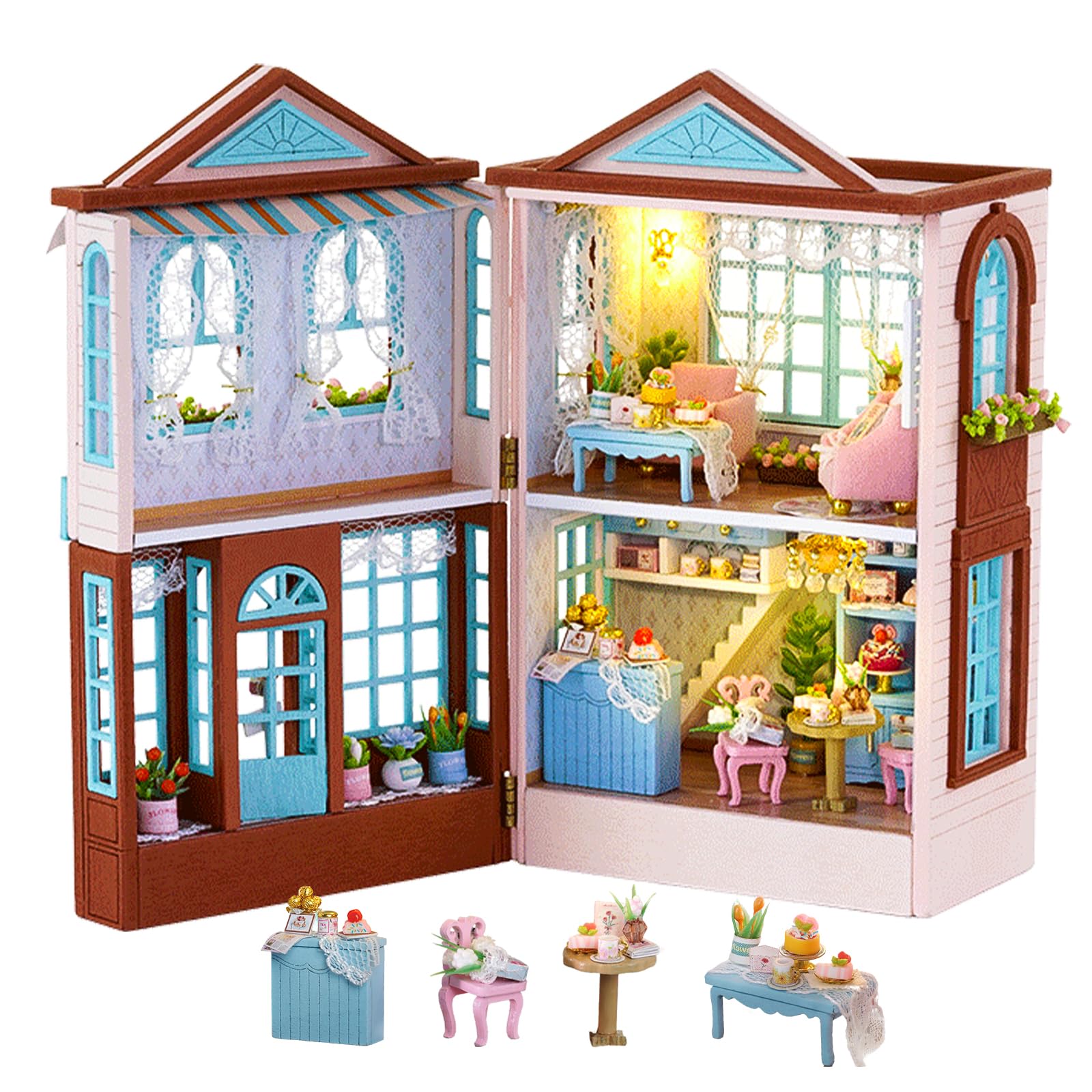 DIY Miniature Dollhouse Kit with LED Lights, Dust Cover, and Music