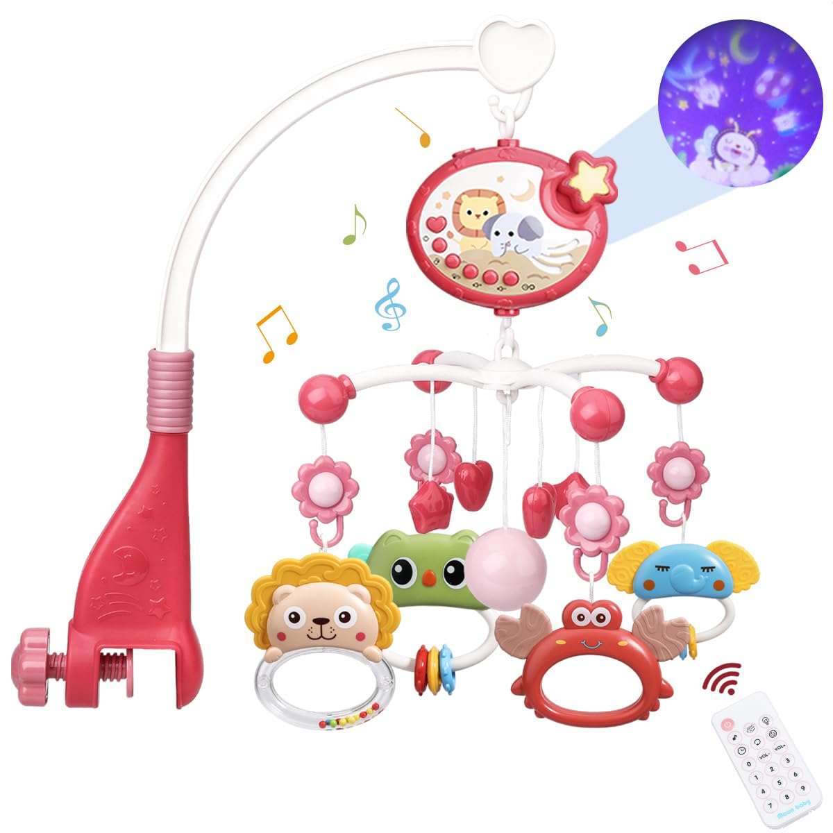 Baby Crib Mobile with 150 Songs, Projector, Night Light, Red