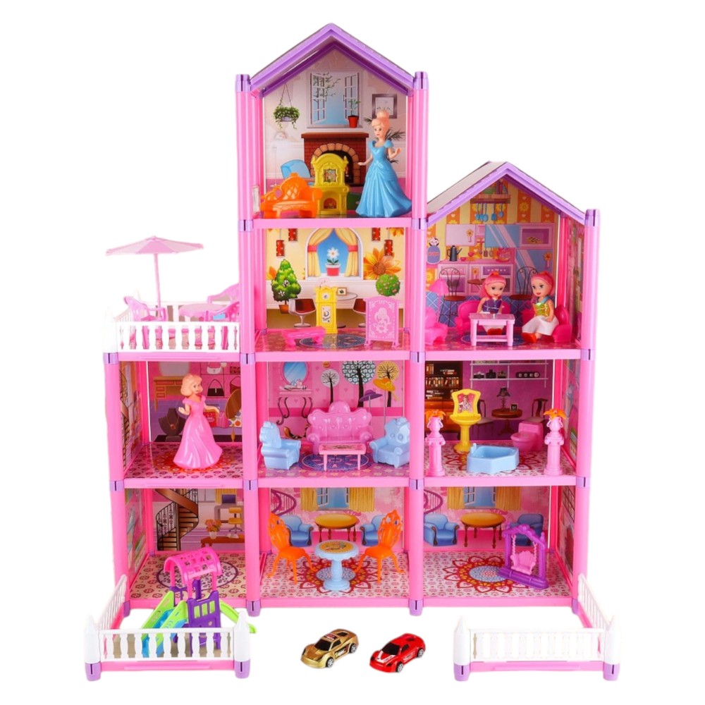 Four-Story DIY Dollhouse with 9 Rooms, Doll & Furniture Set