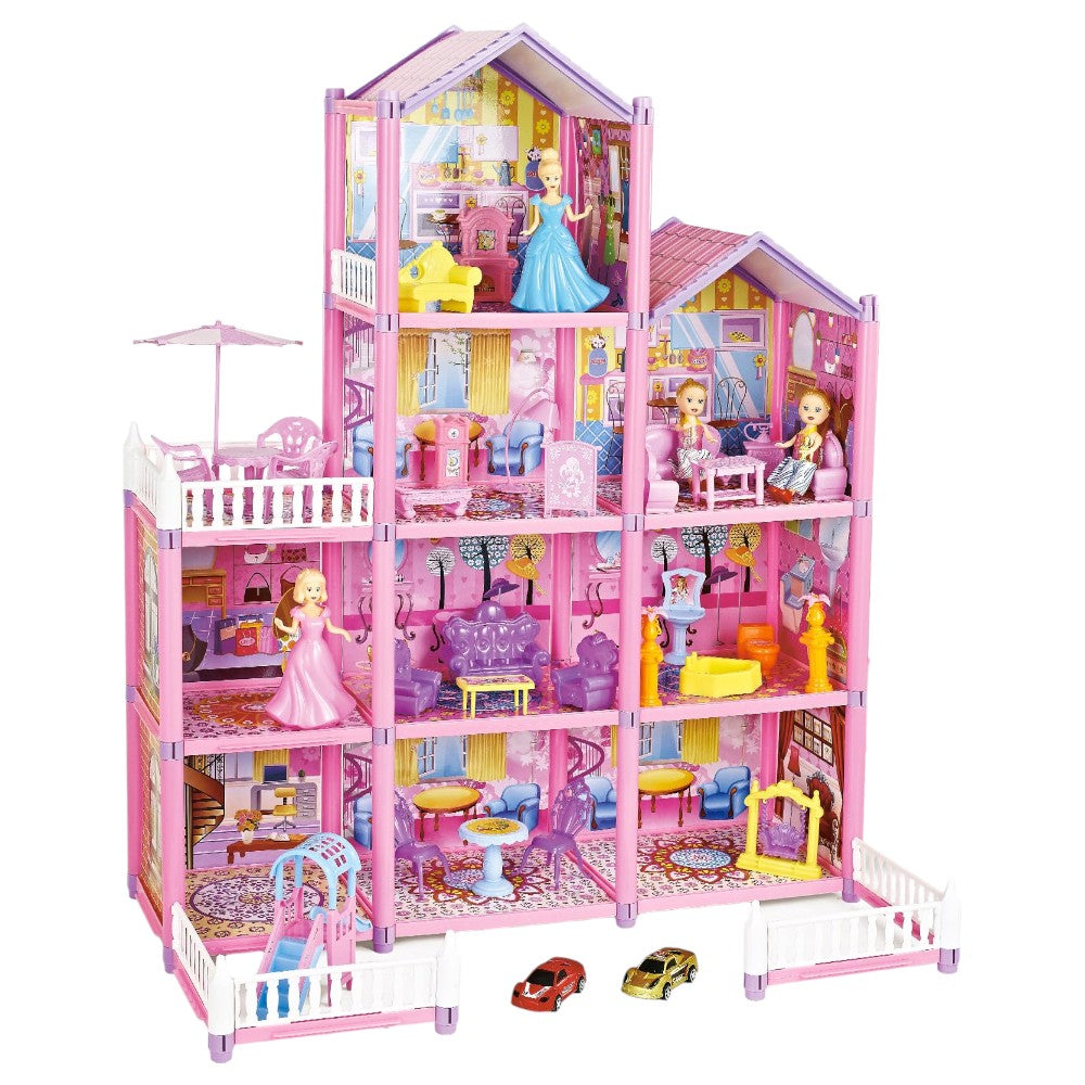 Four-Story DIY Dollhouse with 9 Rooms, Doll & Furniture Set