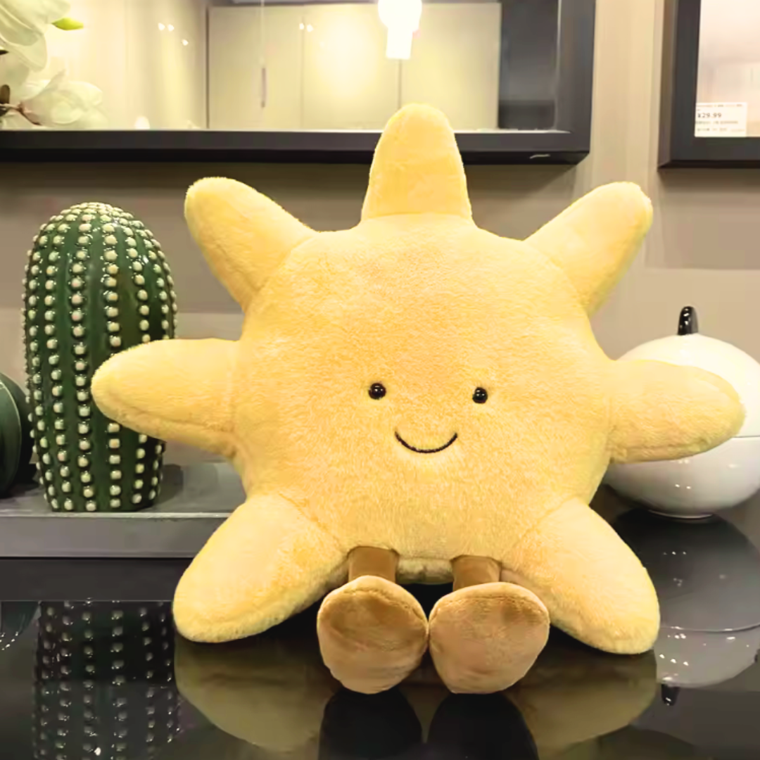 Kawaii Sun Plush with Legs, Yellow Smiling Pillow for Kids and Décor