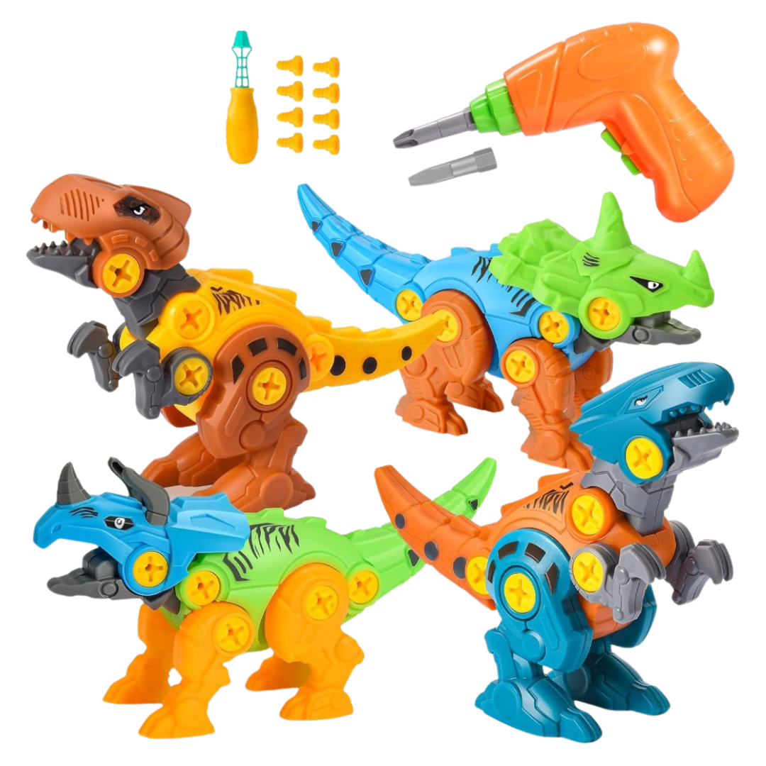 4-Pack Dinosaur Construction Toy Set with Screwdriver & Tools