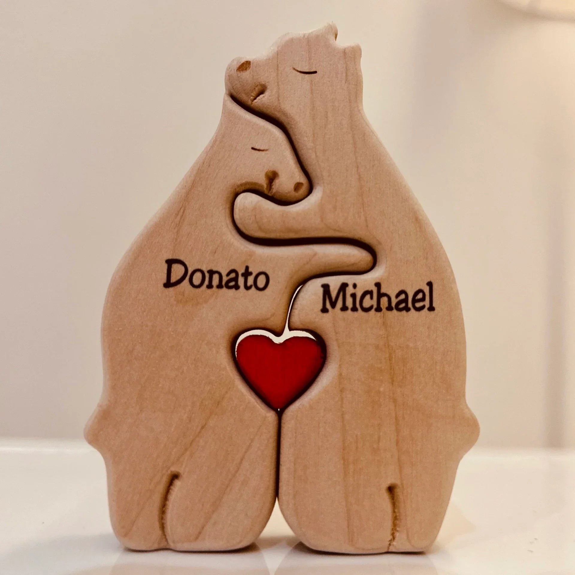 Custom Wooden Bear Family Figurines with Engraved Names for 2 Members